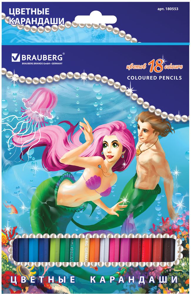 Brauberg Набор цветных карандашей Морские легенды 18 цветов72523WD Brauberg Набор цветных карандашей Морские легенды 18 цветов72523WDВ наборе 18 карандашей ярких цветов. Изготовлены из древесины ценных пород и снабжены высококачественным грифелем. Романтическая история русалки, изображенная на упаковке с подвесом, не оставит равнодушными юных художниц. 18 цветов. Диаметр грифеля - 3 мм. Высокосортная древесина. Шестигранный корпус. Легко затачиваются. Упаковка - картонная, с европодвесом и отделкой блестками.