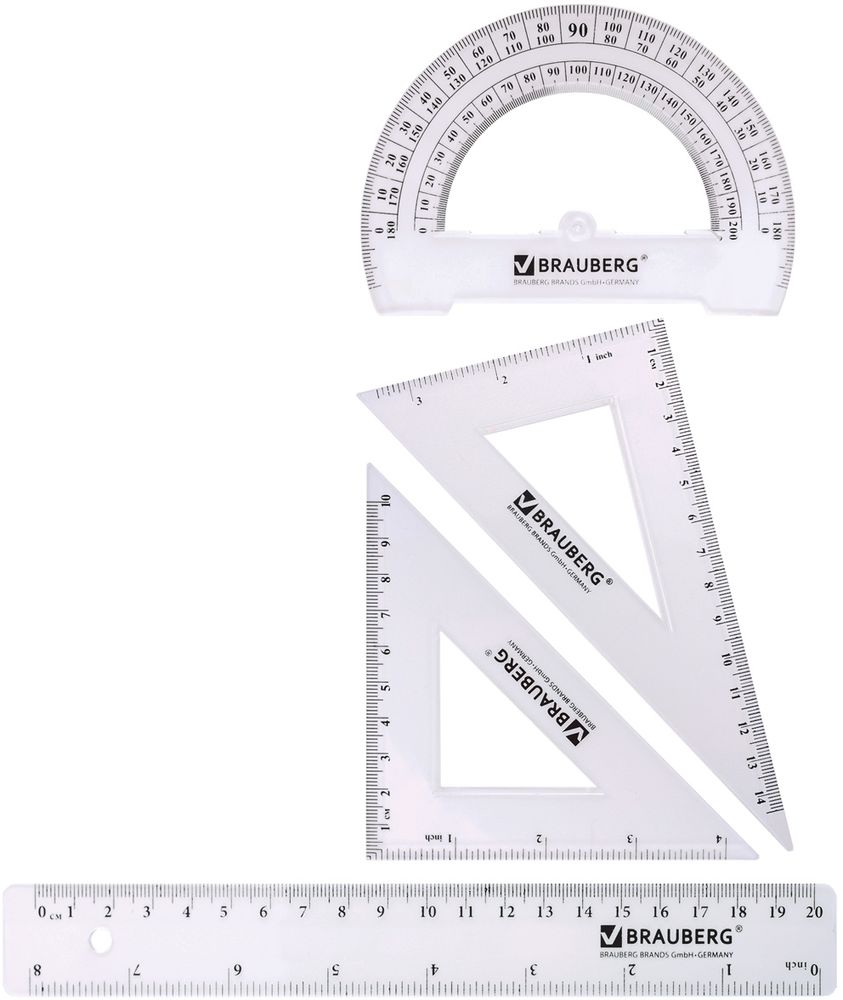 Brauberg Геометрический набор 4 предметаFS-36054 Brauberg Геометрический набор 4 предметаFS-36054Набор геометрический из прозрачного прочного пластика толщиной 2 - 2,5 мм. Предназначен для чертёжных работ. Включает четыре предмета: линейка, 2 треугольника, транспортир.• Линейка со шкалами 20 см/8. • Треугольник с углами 30°/60° и шкалами 14,5 см/3. • Треугольник с углами 45°/45° и шкалами 10 см/4. • Транспортир 180°. • Удобная упаковка - пенал на молнии, с европодвесом.