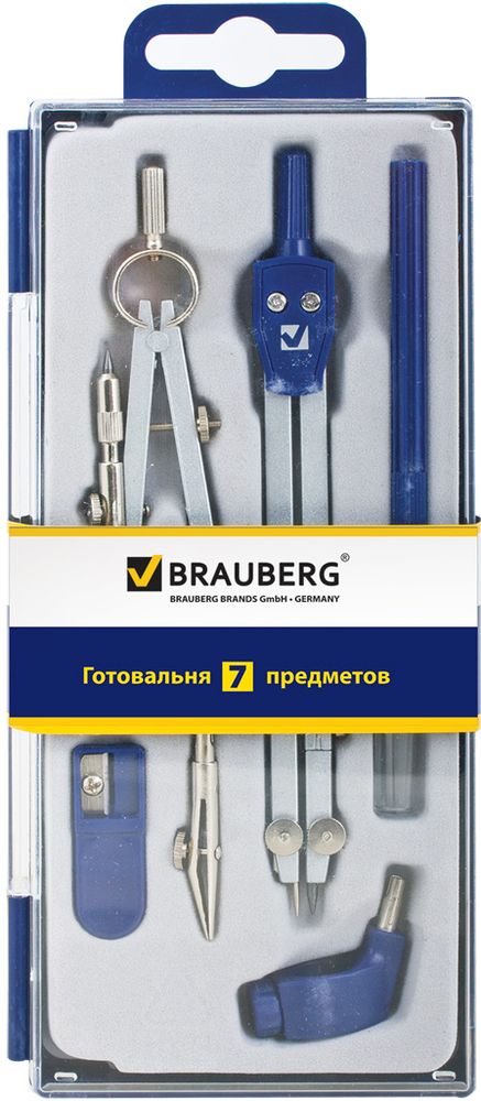 Brauberg Готовальня Student Oxford 7 предметов 210347FS-36054 Brauberg Готовальня Student Oxford 7 предметов 210347FS-36054Металлическая готовальня предназначена для учеников старших классов и студентов. В состав готовальни входят 7 предметов.• Циркуль 140 мм с одной сгибаемой ножкой и подстраиваемой иглой. • Кронциркуль с рейсфедером. • Рейсфедерная вставка. • Держатель для рейсфедерной вставки. • Держатель для карандаша. • Точилка. • Пенал с запасным грифелем. • Упаковка - пластиковый пенал темно-синего цвета с прозрачной крышкой.