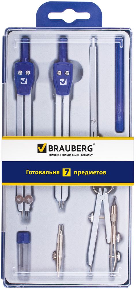 Brauberg Готовальня Student Oxford 7 предметов72523WD Brauberg Готовальня Student Oxford 7 предметов72523WDМеталлическая готовальня предназначена для учеников старших классов и студентов. В состав готовальни входят 7 предметов.• Циркуль 140 мм с одной сгибаемой ножкой и подстраиваемой иглой. • Циркуль-измеритель. • Кронциркуль с рейсфедером. • Рейсфедерная вставка. • Держатель для рейсфедерной вставки. • Удлинитель. • Пенал с запасным грифелем. • Упаковка - пластиковый пенал темно-синего цвета с прозрачной крышкой.