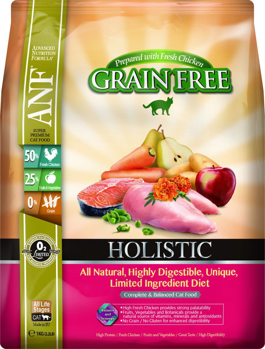 Корм сухой ANF Holistic Grain Free для взрослых кошек, беззерновой, с курицей, 1 кг0120710 Корм сухой ANF Holistic Grain Free для взрослых кошек, беззерновой, с курицей, 1 кг0120710Полноценное и сбалансированное беззерновое питание для кошек на всех стадия жизни. Приготовленные на основе свежего мяса курицы ANF HOLISTIC GRAIN FREE отличаются великолепным вкусом и усвояемостью белка более чем на 95%! Полностью натуральные, высокоусвояемые, уникальные рационы с ограниченным количеством ингредиентов. Высокий уровень Омега-3 жирных кислот обеспечивает блеск шерсти и здоровье кожи животного. Добавление в рацион свежего мяса курицы придает продукту великолепный вкус, обеспечивает животное всеми необходимыми аминокислотами. Фрукты, овощи и специально подобранные травы являются натуральными источниками витаминов, минеральных веществ и антиоксидантов. Рационы не содержат зерна, кукурузы, сои для улучшения их усвояемости. Полноценное и сбалансированное беззерновое питание для кошек всех возрастов на основе свежего мяса курицы с добавлением лекарственных трав, овощей и фруктов.Состав: 70% мяса курицы (включает 50% свежего незамороженного мяса курицы, 18% вяленого мяса курицы и 2% куриного бульона), картофель, турецкий горох, белок гороха 4%, свежее мясо лосося, витамины и минералы, смесь трав (тимьян, майоран, орегано, петрушка, шалфей), клюква, груша, яблоко, морковь, водоросли, календула, спирулина, ФОС (460 мг/кг), МОС ( 115 мг/кг). Анализ: неочищенный белок 38%, неочищенных масел и жиров 19%, сырая клетчатка 3%, зола 9%, НФО (углеводы) 24%, Омега-6 - 3,22%, Омега-3 - 0,66%, кальций 1,82%, фосфор 1,69%, магний, таурин 877 мг/кг. Витамины и добавки на 1 кг: витамин А (ретинол ацетат) 19,670 МЕ, витамин D3 (холекальциферол) 1,575 МЕ, витамин Е (альфатокоферол ацетат) 90 мг микроэлементы: цинк хелат аминокислот гидрата 580 мг, феррохелат аминокислот гидрата 321 мг, марганца хелат аминокислот гидрата 175 мг, меди хелат аминокислот гидрата 45 мг, селенит натрия 0,6 мг аминокислоты: таурин 877 мг, лизин 218 мг пробиотик: содержит E1705 Enterococcus faecium cernelle 68 (SF68: Национальные коллекции промышленных, пищевых и морских бактерий NCIMB 10415) 1 000 000 000 KOE/кг в качестве помощи для создания, поддержания и восстановления сбалансированной кишечной флоры у кошек. Энергетическая ценность: 379 ккал/100 г.Товар сертифицирован.