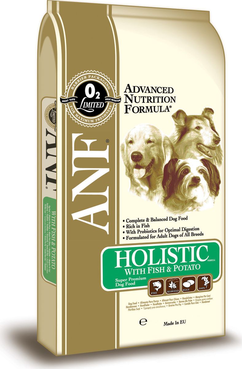 Корм сухой ANF Holistic для взрослых собак, с рыбой и картофелем, 3 кг0120710 Корм сухой ANF Holistic для взрослых собак, с рыбой и картофелем, 3 кг0120710Уникальная формула содержит комбинацию рыбы и картофеля с акцентом полезных растений, овощей и фруктов для активных, взрослых собак.Fish Meal & Potato Formula — сбалансированный высококачественный сухой корм для всех пород взрослых собак. Количество энергии в этом рационе сбалансировано таким образом, чтобы собака, получала все необходимые питательные вещества с дневной нормой корма и при этом оставалась в хорошей кондиции.Состав: рыбная мука (мин. 27%), дробленый белый рис, овес (13%), куриный жир (содержащий консерванты из токоферолов), картофель (мин. 6%), свекловичный жом, яичный порошок (2,2%), льняное семя, горох, соус из куриной печени, мононатрийфосфат, карбонат кальция, лецитин, рыбий жир, хлорид калия, хлорид натрия, морские водоросли, холинхлорид, смесь токоферола (витамина Е) (альфа-токоферола ацетат), экстракт Yucca Schidigera, аскорбил монофосфат, сульфат железа, сульфат цинка, сульфат марганца, сульфат меди, смесь витамина В12, смесь витамина А (ретинилацетат), витамин РР, смесь селенита натрия, смесь витамина D3 (холекалферол), смесь витамина Н (биотин), пантотенат кальция, витамин В1 (тиамина мононитрат), смесь витамина В2 (рибофлавин), витамин В6 (пиридоксина гидрохлорид), йодат кальция, фолиевая кислота, пробиотик (Enterococcus faecium). Гарантированный состав: сырой белок - 24,00%, сырой жир - 15,00%, сырая клетчатка - 4,00%, сырая зола - 9,50%, влажность - 8,00%, кальций (Ca) - 1,97%, фосфор (Р) - 1,28%, жирные кислоты Омега-6 - 2,03%, жирные кислоты Омега-3 - 1,29%, витамин А - 29,167 МЕ/кг, витамин D3 - 2,292 МЕ/кг, витамин Е - 208 МЕ/кг, витамин С - 185 мг/кг, пентагидрат сульфата меди - 1,67 мг/кг. Энергетическая ценность: 350 ккал/100 г.Товар сертифицирован.