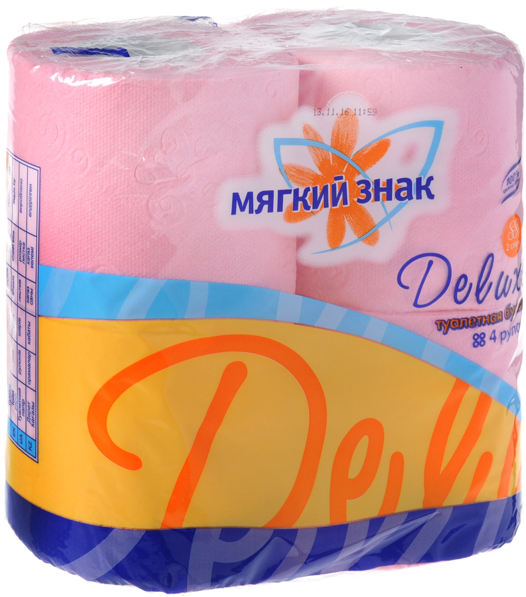 Туалетная бумага Мягкий знак Deluxe,двухслойная, цвет: розовый, 4 рулона010-01199-23 Туалетная бумага Мягкий знак Deluxe,двухслойная, цвет: розовый, 4 рулона010-01199-23Двухслойная туалетная бумага Мягкий знак Deluxe, выполненная из натуральной целлюлозы, обеспечивает превосходный комфорт и ощущение чистоты и свежести. Она отличается необыкновенной мягкостью и прочностью. Бумага хорошо перфорирована, не расслаивается и отрывается строго по просечке.Количество листов: 175+-8. Характеристики: Материал:100% целлюлоза. Количество листов:190 шт. Количество слоев:2. Размер листа:12,5 см х 9,6 см. Количество рулонов:4 шт. Производитель:Россия.