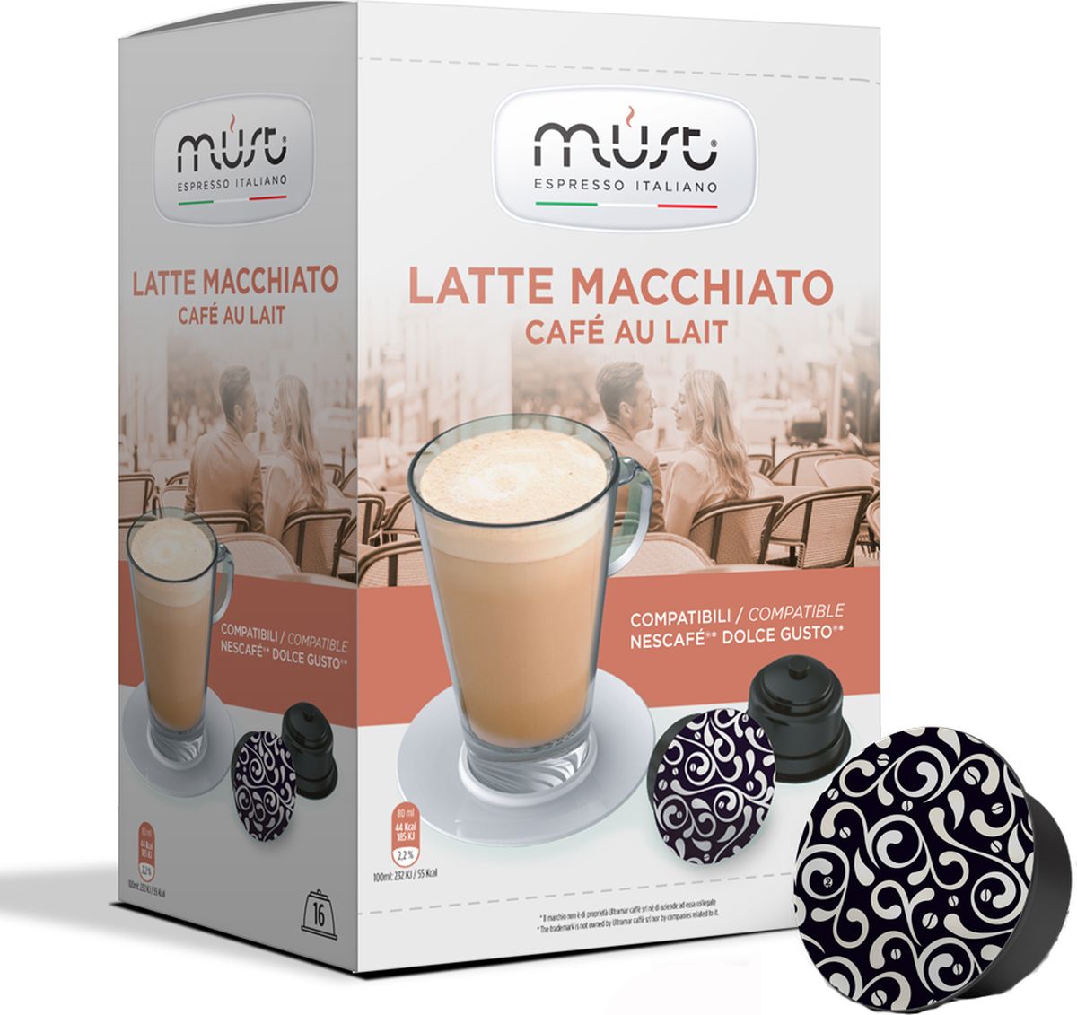 MUST DG Latte Macchiato кофе в капсулах, 16 шт0120710 MUST DG Latte Macchiato кофе в капсулах, 16 шт0120710Кисло-сладкий, сливочный вкус и благородный аромат с нотками темного шоколада и миндаля. Этот кофе латте сочетает в себе сладкое и нежное послевкусие, сбалансированную консистенцию и крепость.