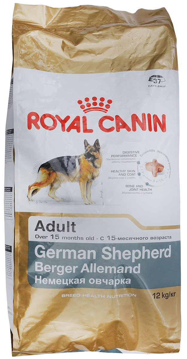 Корм сухой Royal Canin German Shepherd Adult, для собак породы немецкая овчарка старге 15 месяцев, 12 кг0120710 Корм сухой Royal Canin German Shepherd Adult, для собак породы немецкая овчарка старге 15 месяцев, 12 кг0120710Сухой корм Royal Canin German Shepherd Adult - это полнорационный сбалансированный корм для немецких овчарок. Особенности породы: Забота о безопасном пищеварении. У немецкой овчарки, как и у других крупных собак, желудок и кишечник весьма чувствительны. На это имеются три причины: относительно небольшие размеры пищеварительного тракта, высокая кишечная проницаемость и повышенный риск брожения в желудке. Забота о коже со щелочной реакцией. Из-за повышенного pH кожи немецкая овчарка особо уязвима для бактериальных инфекций. Специально подобранный рацион усиливает защитные функции кожных покровов и помогает поддерживать природную красоту шерсти. Чувствительная иммунная система. Естественные иммунные механизмы немецкой овчарки не всегда обеспечивают достаточно эффективную защиту кожи и слизистых оболочек. Чтобы организм собаки мог противостоять окислительному стрессу, влекущему за собой старение, необходимо позаботиться об укреплении иммунной системы. Особенности корма: Высокоусвояемые белки (L.I.P.) в сочетании с маслом кокосовых ядер и рисом как единственными источниками углеводов обеспечивают максимальную безопасность пищеварения, что чрезвычайно важно для немецкой овчарки с ее чувствительным желудком и кишечником. Специально подобранные источники клетчатки в составе данного продукта снижают брожение в желудке и кишечнике, способствуя поддержанию здоровой кишечной флоры. Защита чувствительной кожи (рН > 7). Укрепляет барьерную функцию кожи и поддерживает природную красоту шерсти немецкой овчарки. Мощная природная защита. Поддерживает естественные защитные механизмы у активных собак и помогает сохранять жизненные силы немецкой овчарки в пожилом возрасте. Поддержка суставов. Помогает сохранять здоровье суставов при высоких нагрузках, характерных для чрезвычайно подвижных немецких овчарок. Состав: рис, дегидратированное мясо птицы, животные жиры, изолят растительных белков, кукурузная мука, растительная клетчатка, минеральные вещества, гидролизованные животные белки, растительные масла (сои и ядер кокосового ореха), свекольный жом, рыбий жир, полифосфат натрия, экстракт дрожжей (источник манноолигосахаридов), L-лизин, таурин, DL-метионин, L-тирозин, гидролизованные ракообразные (источник глюкозамина), экстракты зеленого чая и винограда (источник полифенолов), гидролизованные хрящи (источник хондроитина), экстракт бархатцев (источник лютеина). Добавки (в 1 кг): Питательные добавки: витамин A: 32000 МЕ, витамин D3: 800 МЕ, E1 (железо): 200 мг, E2 (йод): 2,8 мг, E5 (марганец): 70 мг, E6 (цинк): 230 мг, E8 (селен): 0,15 мг. Содержание питательных веществ: белки 24%, жиры 19%, минеральные вещества 5%, клетчатка пищевая 8%, медь 20 мг/кг.Товар сертифицирован.Уважаемые клиенты! Обращаем ваше внимание на возможные изменения в дизайне упаковки. Качественные характеристики товара остаются неизменными. Поставка осуществляется в зависимости от наличия на складе.