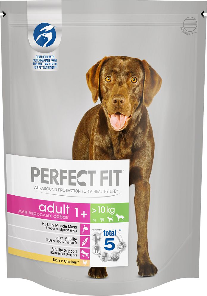 Корм сухой Perfect Fit, для взрослых собак от 1 года средних и крупных пород, с курицей, 800 г0120710 Корм сухой Perfect Fit, для взрослых собак от 1 года средних и крупных пород, с курицей, 800 г0120710Система профессионального питания Perfect Fit разработана совместно с диетологами и ветеринарами научно-исследовательского центра Waltham и специально создана для поддержания активности и жизненной энергии собаки на протяжении всей жизни.В основе профессионального рациона Perfect Fit лежит уникальная формула PERFECT FIT TOTAL 5 FORMULA, которая заботится о важнейших слагаемых здоровья в соответствии с размером и возрастом собаки. Также данная рецептура учитывает особые потребности взрослых собак средних и крупных пород:ЗДОРОВАЯ МУСКУЛАТУРАСодержит белки высокого качества для поддержания сильной и здоровой мускулатурыПОДВИЖНОСТЬ СУСТАВОВСодержит натуральный источник глюкозамина для поддержания здоровья суставов, что способствует хорошей подвижности собакиЖИЗНЕННАЯ ЭНЕРГИЯСодержит повышенные уровни витаминов В1, В2, В6 и железа, способствующие поддержанию активности собакиРекомендации по кормлению: При переходе на корм Perfect Fit с курицей для взрослых собак средних и крупных пород старше одного года, постепенно вводите его в рацион собаки в течение 4 дней. Мы рекомендуем кормить вашу собаку 2 раза в день. Разделите суточную норму, указанную в таблице на упаковке, на количество кормлений в день. Придерживайтесь рекомендуемых норм кормления, однако индивидуальная норма кормления вашей собаки зависит от ее возраста, условий содержания, темперамента и активности. Ваша собака постоянно должна иметь достаточно чистой и свежей воды для питья. Корм полнорационный и сбалансированный, поэтому не требуется добавление витаминов или минералов дополнительно в рацион собаки. Состав: курица* (18%), кукуруза, пшеница, жир куриный, гидролизат животного происхождения, высушенная пульпа сахарной свеклы (3%), сухое цельное яйцо (1,2%), соль, натрий триполифосфат (0,7%), холин хлорид, масло подсолнечное (0,4%), калий хлорид, экстракт цикория (0,2%), минеральные вещества и витамины. *Натуральный источник глюкозамина.Содержание питательных веществ (100 г): белок – 25 г; жир – 14 г; зола – 7,5 г; влажность – 8,5 г; клетчатка – 1,9 г; железо – 10,7 мг; витамин А – 1224 МЕ; витамин D3 – 135 МЕ; витамин Е – 37,5 мг. Добавленные вещества (кг): витамин В1 – 7,3 мг; витамин В2 – 12,5 мг; витамин В6 – 3,3 мг; иодид калия – 1,6 мг; моногидрат сульфата марганца – 122 мг; пентагидрат сульфата меди – 18,8 мг; моногидрат сульфата цинка – 325 мг; селенит натрия - 0,55 мг.
