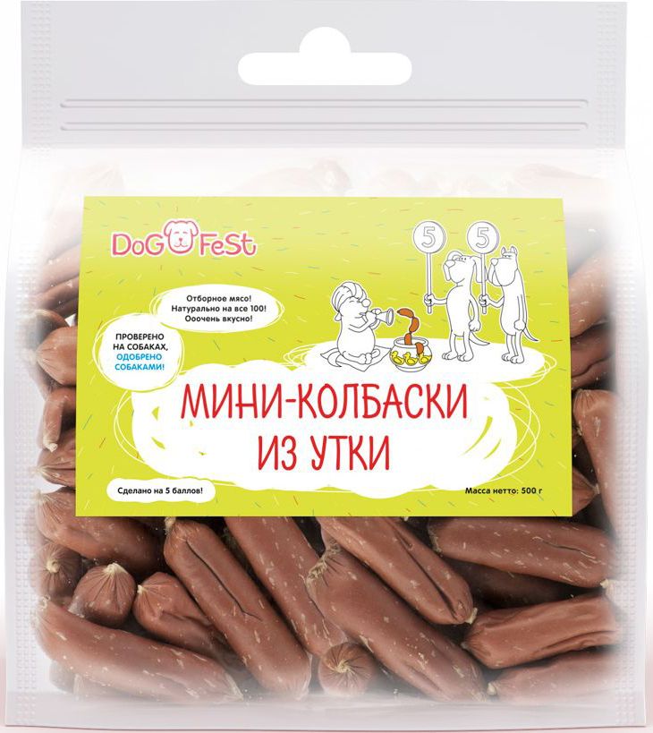 Лакомство для собак Dog Fest Мини-колбаски из утки, 500 г0120710 Лакомство для собак Dog Fest Мини-колбаски из утки, 500 г0120710Мини-колбаски из утки