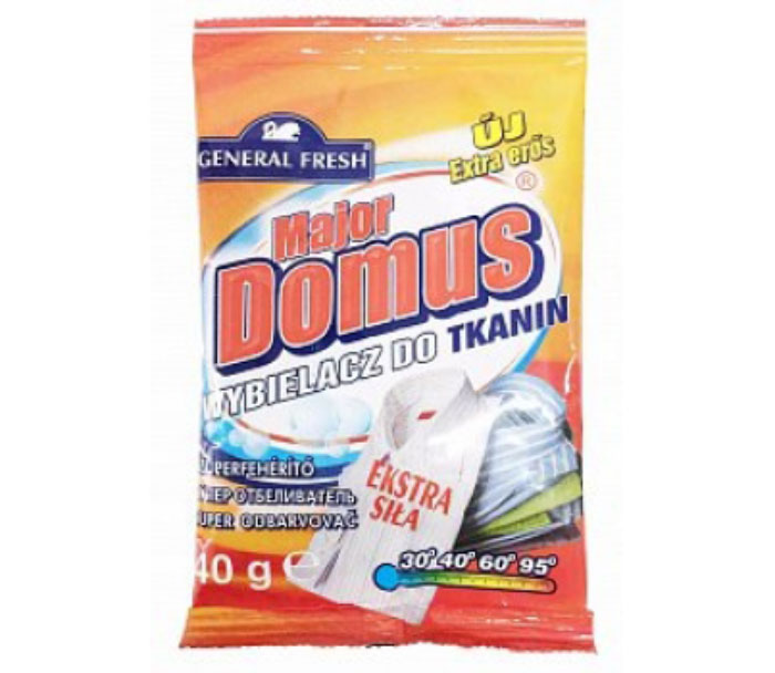 Суперотбеливатель General Fresh Major Domus, для тканей, оптический, 40 гS03301004 Суперотбеливатель General Fresh Major Domus, для тканей, оптический, 40 гS03301004Очень эффективный отбеливатель для тканей марки General Fresh. Активная формула нового поколения, возвращает снежную белизну пожелтевшим и серым тканям. Отбеливатель позволяет также удалить стойкие и засохшие пятна. Грязную одежду, скатерть, постельное белье, прежде чем поместить в стиральную машину, нужно замочить в воде с добавлением отбеливателя для тканей. Для того, чтобы освежить белое отбеливатель можно добавлять в стиральный порошок. Отбеливатель для тканей General Fresh не содержит хлора.