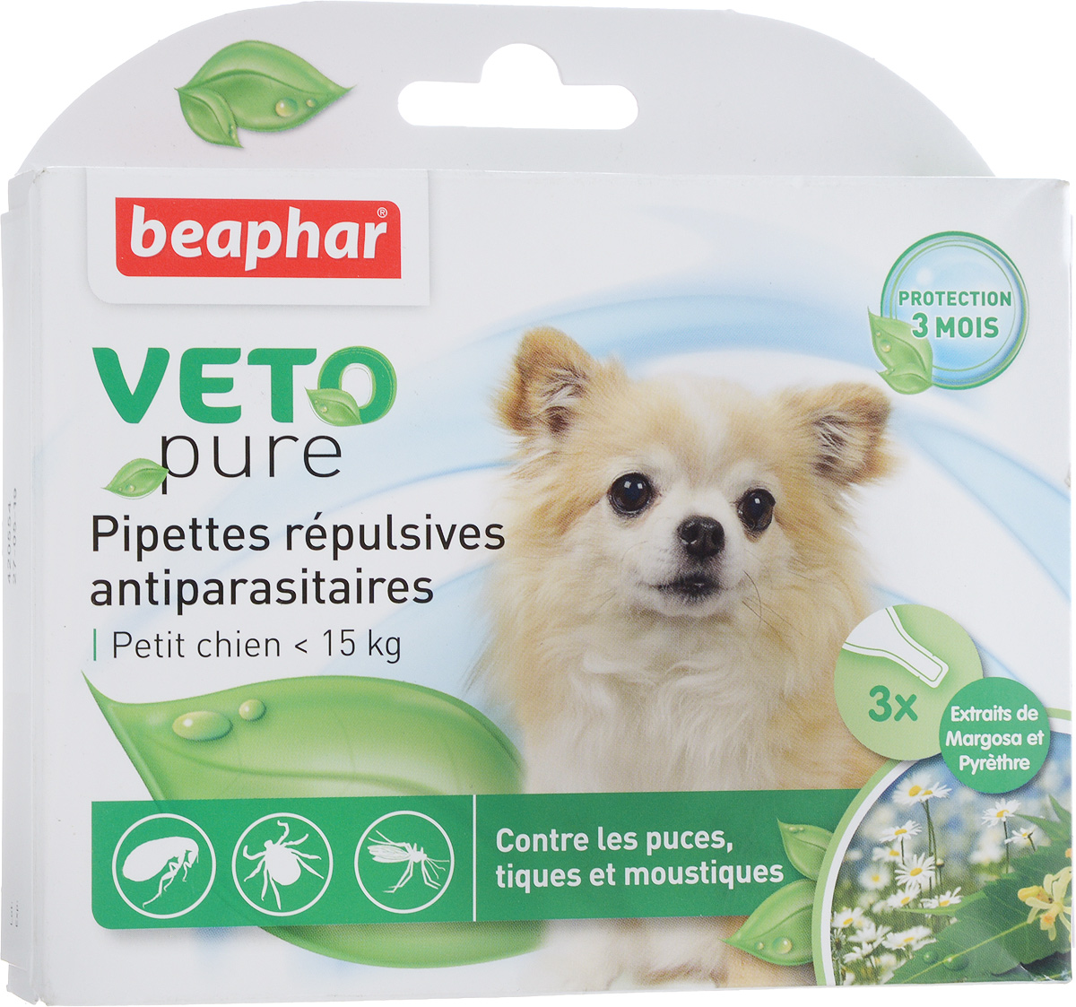 Капли от блох и клещей Beaphar, для собак мелких пород, 3 шт х 1 мл0120710 Капли от блох и клещей Beaphar, для собак мелких пород, 3 шт х 1 мл0120710Капли Beaphar - это капли с натуральными маслами для собак мелких пород (до 15 кг) с 12 недельного возраста. Отпугивают блох, клещей и комаров. Одна дозировка защищает животное от паразитов в течении 1 месяца. В упаковке 3 пипетки по 1 мл. Способ применения: отломать верх пипетки и нанести содержимое пипетки на холку. Повторить через 4 недели. Осторожно использовать капли на животных с белой шерстью, так как шерсть может слегка окраситься в месте нанесения препарата. Не использовать на больных и выздоравливающих животных. Избегать попадания в глаза, нос животного. Состав: экстракт маргозы 50 г/л., экстракт пиретрума 20 г/л. Товар сертифицирован.