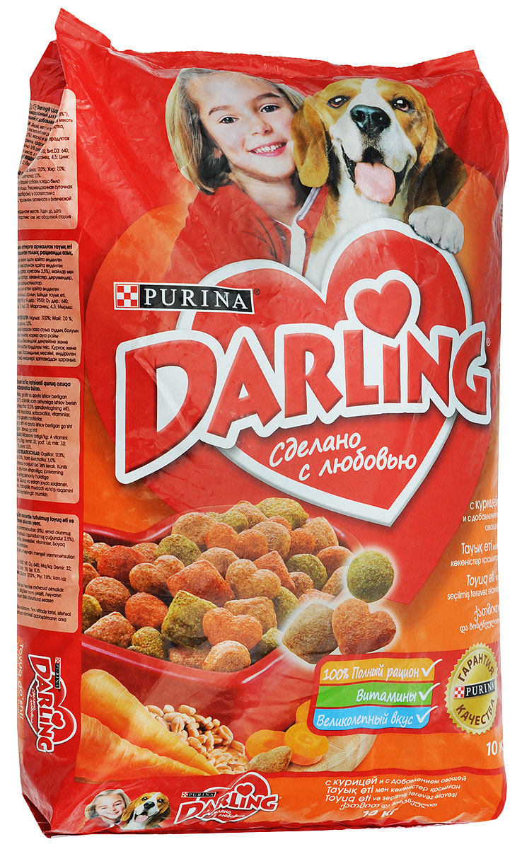 Корм сухой Darling для взрослых собак, с птицей и овощами, 10 кг0120710 Корм сухой Darling для взрослых собак, с птицей и овощами, 10 кг0120710Сухой корм Darling специально разработан ветеринарами и диетологами для сбалансированной диеты и удовлетворения всех питательных потребностей вашего питомца.Сухой корм Darling - это полезная и вкусная пища для вашего любимца. Состав: злаки и продукты переработки злаков, продукты переработки мяса и мясных субпродуктов (минимум 4% птицы), животный жир, соевая мука, вкусоароматическая кормовая добавка, продукты переработки овощей (минимум 0,5%), минеральные вещества, витамины, антиокислитель, красители, консерванты. Пищевая ценность: сырой белок 17,0 г, влажность 8,5 г, сырой жир 7,0 г, сырая зола 7,0 г, сырая клетчатка 3,0 г, кальция 1,3 г, медь 1,2 мг, фосфор 1,0 г, железо 13 мг, калий 0,7 г, марганец 3,0 мг, натрий 0,5 г, цинк 17 мг, магний 0,14 г, селен 34 мкг, витамин А 500 МЕ, витамин D 50 МЕ, витамин Е 5 мг, витамины группы В 135 мг. Товар сертифицирован.