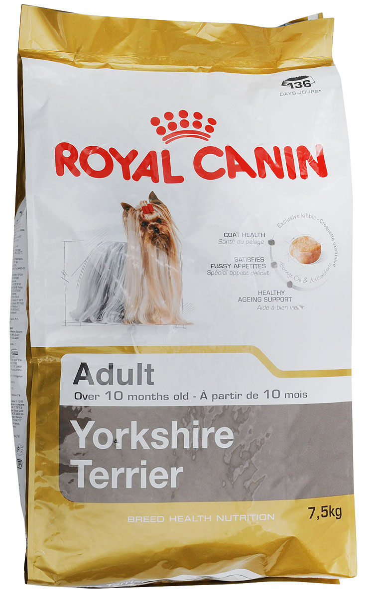 Корм сухой Royal Canin Yorkshire Terrier Adult, для собак породы йоркширский терьер в возрасте от 10 месяцев, 7,5 кг101246 Корм сухой Royal Canin Yorkshire Terrier Adult, для собак породы йоркширский терьер в возрасте от 10 месяцев, 7,5 кг101246Сухой корм Royal Canin Yorkshire Terrier Adult - это полнорационный сбалансированный сухой корм для собак породы Йоркширский терьер и собак других мелких пород. Особенности породы: Шерсть. Тонкая шерсть, напоминающая по структуре волосы человека, и чувствительная кожа нуждаются в особой защите. Чрезвычайно тонкая и длинная (до 37 см), ниспадающая по бокам шерсть йоркширского терьера постоянно растет. Изумительно блестящая и мягкая, эта шерсть по структуре подобна человеческим волосам, не имеет подшерстка и не линяет. Сниженный аппетит и разборчивость в питании. У йоркширского терьера обоняние развито слабее, чем у более крупных собак, а вследствие особой близости к владельцу собаки этой породы зачастую становятся весьма разборчивыми в питании. Йоркширского терьера заинтересует только по-настоящему вкусный корм. Долголетие. Средняя продолжительность жизни йоркширского терьера - 15 лет, а это означает, что представители данной породы нуждаются в активной защите от возрастных проблем. У пожилых собак ухудшается качество кожи и шерсти, ослабевает функция сердца и почек, снижается подвижность суставов. Свойства корма Royal Canin: Поддержание красоты шерсти. Благодаря совместному действию масла бурачника и биотина шерсть собаки остается мягкой и блестящей. Комплекс Intensive Colour усиливает интенсивность природного окраса. Оптимальный уровень серосодержащих аминокислот, необходимых для синтеза кератина, способствует поддержанию структуры шерсти йоркширского терьера. Профилактика образования зубного камня. Благодаря хелаторам кальция и специально подобранной текстуре крокет, которая оказывает чистящее воздействие, данный продукт помогает ограничить образование зубного камня. Стимулирует аппетит. Даже у самых разборчивых Йоркширских терьеров поднимается аппетит благодаря отборным натуральным ароматам и специально адаптированным размерам и форме крокет. Долголетие. Йоркширский терьер отличается необычайным долголетием. Корм Yorkshire Terrier 28 помогает ему сохранять здоровье и бодрость даже в пожилом возрасте. Состав: дегидратированные белки животного происхождения (птица), рис, кукурузная мука, животные жиры, изолят растительных белков, свекольный жом, гидролизат белков животного происхождения, минеральные вещества, соевое масло, рыбий жир, дрожжи, фруктоолигосахариды, гидролизат дрожжей (источник мaннановых олигосахаридов), масло огуречника аптечного (0,1 %), экстракт бархатцев прямостоячих (источник лютеина). Добавки (в 1 кг): йод — 5,2 мг,селен — 0,28 мг,медь — 15 мг,железо — 166 мг,марганец — 73 мг,цинк — 218 мг,витамин A — 31000 МЕ,витамин D3 — 800 МЕ,витамин E — 600 мг,витамин C — 300 мг,витамин B1 — 27 мг,витамин B2 — 48,6 мг,витамин B3 — 482,8 мг,витамин B5 — 145,2 мг,витамин B6 — 75,7 мг,витамин B12 — 0,13 мг.Товар сертифицирован.