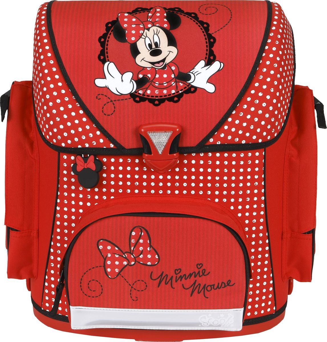 Scooli Ранец школьный для девочки Minnie Mouse72523WD Scooli Ранец школьный для девочки Minnie Mouse72523WDМодель универсальна и подойдет как для учеников первого класса, так и для школьников до 4 класса. Все молнии закрывают клапаны. Мягкая спинка с вставками воздухообменной сеткой. Регулируемые лямки с системой вентиляции. Ручка для переноски в руках или подвешивания на парту. Передний карман-клапан на молнии. Рюкзак имеет 3 отделения. 1 отделение: органайзер: кармашек для мобильного телефона, карман, карман на молнии, карабин для ключей, 2 кармана для формата А4 - 2 отделение без разделителей - 3 отделение с разделителем на липучке для тетрадей - На дне рюкзака 4 прорезиненных подставки