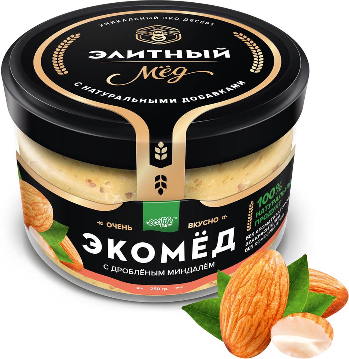 Ecolife Экомед с миндалем, 250 г0120710 Ecolife Экомед с миндалем, 250 г0120710100% натуральный экопродукт, имеющий в составе только натуральные ингредиенты. При изготовлении не используется дешевый подсолнечный мёд. Мед не нагревается, сохраняются все его полезные свойства. Экомёд не имеет эффекта расслаивания.