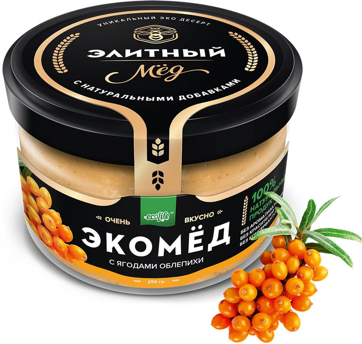 Ecolife Экомед с облепихой, 250 г0120710 Ecolife Экомед с облепихой, 250 г0120710100% натуральный экопродукт, имеющий в составе только натуральные ингредиенты. При изготовлении не используется дешевый подсолнечный мёд. Мед не нагревается, сохраняются все его полезные свойства. Экомёд не имеет эффекта расслаивания.