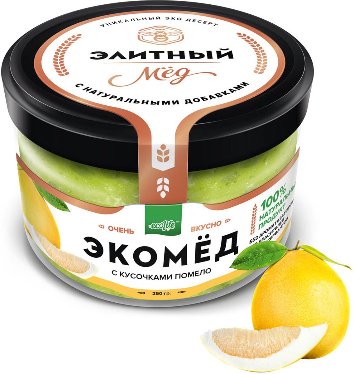 Ecolife Экомед с помело, 250 г0120710 Ecolife Экомед с помело, 250 г0120710100% натуральный экопродукт, имеющий в составе только натуральные ингредиенты. При изготовлении не используется дешевый подсолнечный мёд. Мед не нагревается, сохраняются все его полезные свойства. Экомёд не имеет эффекта расслаивания.