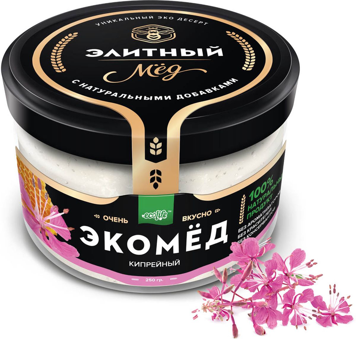 Ecolife Экомед кипрейный, 250 г0120710 Ecolife Экомед кипрейный, 250 г0120710100% натуральный экопродукт, имеющий в составе только натуральные ингредиенты. При изготовлении не используется дешевый подсолнечный мёд. Мед не нагревается, сохраняются все его полезные свойства. Экомёд не имеет эффекта расслаивания.