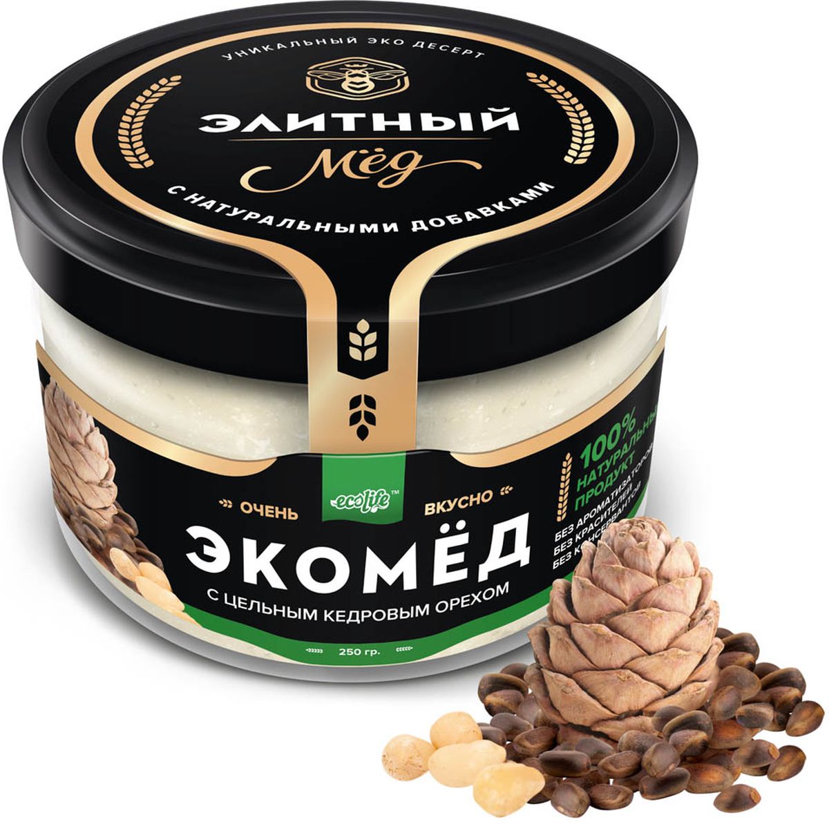 Ecolife Экомед с кедровыми орехами, 250 г0120710 Ecolife Экомед с кедровыми орехами, 250 г0120710100% натуральный экопродукт, имеющий в составе только натуральные ингредиенты. При изготовлении не используется дешевый подсолнечный мёд. Мед не нагревается, сохраняются все его полезные свойства. Экомёд не имеет эффекта расслаивания.