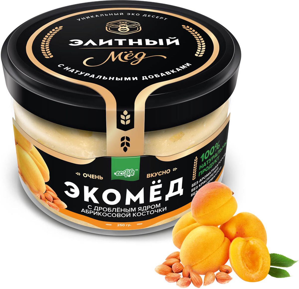 Ecolife Экомед с ядрами абрикосовой косточки, 250 г0120710 Ecolife Экомед с ядрами абрикосовой косточки, 250 г0120710100% натуральный экопродукт, имеющий в составе только натуральные ингредиенты. При изготовлении не используется дешевый подсолнечный мёд. Мед не нагревается, сохраняются все его полезные свойства. Экомёд не имеет эффекта расслаивания.