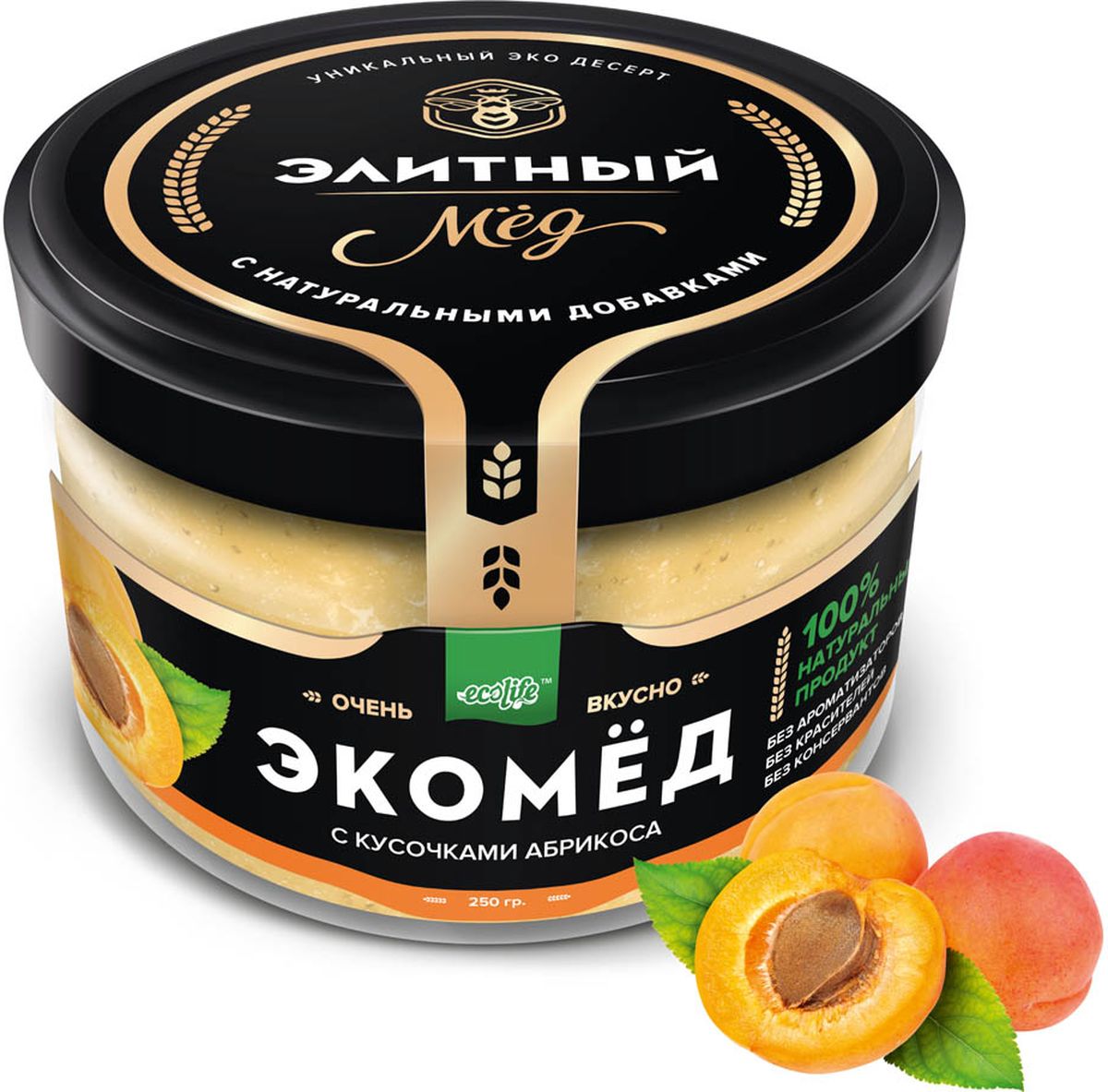 Ecolife Экомед c абрикосом, 250 г0120710 Ecolife Экомед c абрикосом, 250 г0120710100% натуральный Экопродукт, имеющий в составе только натуральные ингредиенты. Без красителей. Без ароматизаторов. Без консервантов.
