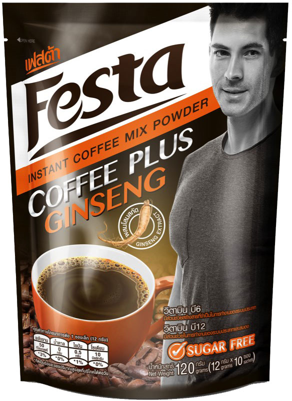 Festa Coffee Plus Ginseng растворимый кофейный напиток с женьшенем, 120 г0120710 Festa Coffee Plus Ginseng растворимый кофейный напиток с женьшенем, 120 г0120710Содержит аминокислоту, витамины, улучшает метаболизм, снижает чувство голода, обладает тонизирующим эффектом.Усиливает синтез окиси озота в организме, насыщая мышцы кислородом, и снижает чувство усталости. Обладаетнасыщенным вкусом. Не содержит сахара, консервантов, красителей, стабилизаторов. Добавлена сукралоза как подсластитель.