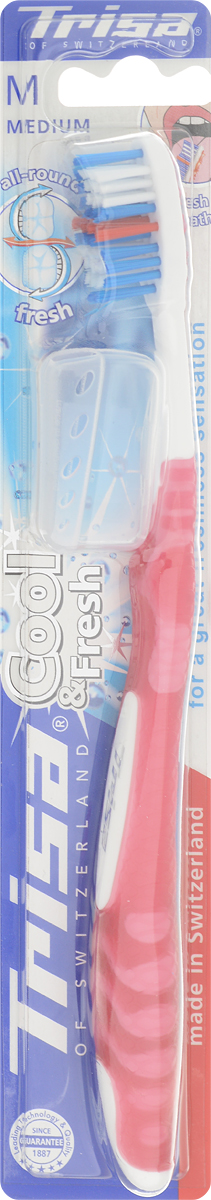 Trisa Зубная щетка Cool & Fresh, средняя жесткость, цвет: бордовыйCF5512F4 Trisa Зубная щетка Cool & Fresh, средняя жесткость, цвет: бордовыйCF5512F4Зубная щетка Trisa Cool & Fresh - щетина средней степени жесткости - произведена в Швейцарии в соответствии с новейшими научными разработками. Многоуровневые щетинки подстраиваются под индивидуальную форму зуба и удаляют налет даже по линии десневого края. С помощью приятного скребка для языка можно удалить бактерии, вызывающие неприятный запах, с языка и щеки. Комбинация скребка для языка и многоуровневых щетинок обеспечивает эффективное удаление налета и сохраняет свежее дыхание.