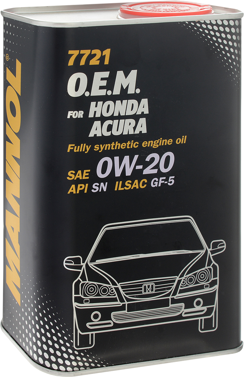Моторное масло MANNOL 7721 O.E.M., для Honda и Acura, 0W-20, синтетическое, 1 лS03301004 Моторное масло MANNOL 7721 O.E.M., для Honda и Acura, 0W-20, синтетическое, 1 лS03301004Моторное масло MANNOL 7721 O.E.M. - синтетическое моторное масло, предназначенное для всех типов двигателей HONDA и ACURA, в том числе оснащенных системами изменения фаз газораспределения VTEC. Является энергосберегающим, что способствует экономии топлива и увеличению мощности двигателя, обладает высокой стойкостью к окислению. Отличные низкотемпературные свойства обеспечивают легкий запуск двигателя. Продукт имеет допуски / соответствует спецификациям / продуктам:SAE 0W-20API SNILSAC GF-5HONDA 08217-99974GM dexos1