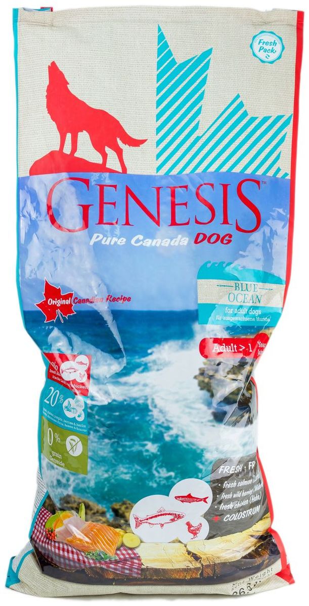 Корм сухой Genesis Pure Canada Blue Ocean для взрослых собак, с лососем, сельдью и курицей, 11,79 кг0120710 Корм сухой Genesis Pure Canada Blue Ocean для взрослых собак, с лососем, сельдью и курицей, 11,79 кг0120710Genesis Pure Canada Blue Ocean.Сухой полнорационный беззерновой корм класса холистик для взрослых собак всех пород с лососем, сельдью и курицей.Диаметр гранулы: 13 мм.Ингредиенты: Свежая курица (мин. 54,5 %), лосось (замороженный, мин. 12 %), свежая сельдь (мин. 6 %), белок из мяса кур (дегидратированный, min. 6 %), картофельная мука, горох (сушёный), тыква (сушёная), бананы кормовые (платан) (сушёные), нут (сушёный), чечевица (сушеная), гидролизованный протеин, жир лосося (мин. 0,5 %), семена подорожника, молозиво (мин. 0,3 %), порошок из морских водорослей, клюква (сушёная), черника (сушёная, мин. 0,1 %), дикая крапива (сушёная, мин. 0,02 %), экстракт зеленой мидии (минимум 0,1%), листья ежевики (сушёные), тысячелистник (сушёный, мин. 0,02 %), фенхель (сушёный), тмин (сушёный), цветки ромашки (сушёные), омела (сушёная), корень горечавки (сушёный), золототысячник (сушёный), цикориевая пудра.