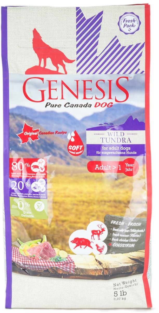 Корм сухой Genesis Pure Canada Wild Tundra Sof для взрослых собак, с мясом дикого кабана, северного оленя и курицы, 2,27 кг0120710 Корм сухой Genesis Pure Canada Wild Tundra Sof для взрослых собак, с мясом дикого кабана, северного оленя и курицы, 2,27 кг0120710Полнорационный беззерновой корм класса холистик с повышенной влажностью для взрослых собак всех пород, предпочитающих более нежные гранулы, с мясом дикого кабана, северного оленя и курицы.Ингредиенты: Свежая курица (мин. 55 %), белок из мяса кур (дегидратированный, мин. 12 %), свежее мясо дикого кабана (мин. 6 %), кормовые бананы (плантан) (сушёные, мин. 4 %), картофельная мука (мин. 4 %), свежее мясо северного оленя (мин. 2 %), тыква (высушенная, мин. 2 %), нут (сушёный), чечевица (сушеная), гидролизованный протеин, семена подорожника, молозиво (мин. 0,3 %), клюква (сушёная), черника (сушёная, мин. 0,1 %), экстракт зеленой мидии (сушёные, мин. 0,1 %), дикая крапива (сушёная), листья ежевики (сушёные), тысячелистник (сушёный), фенхель (сушёный), тмин (сушёный), цветки ромашки (сушёные), омела (сушёная), корень горечавки (сушёный, мин. 0,02 %), золототысячник обыкновенный (сушёный, мин. 0,02 %).