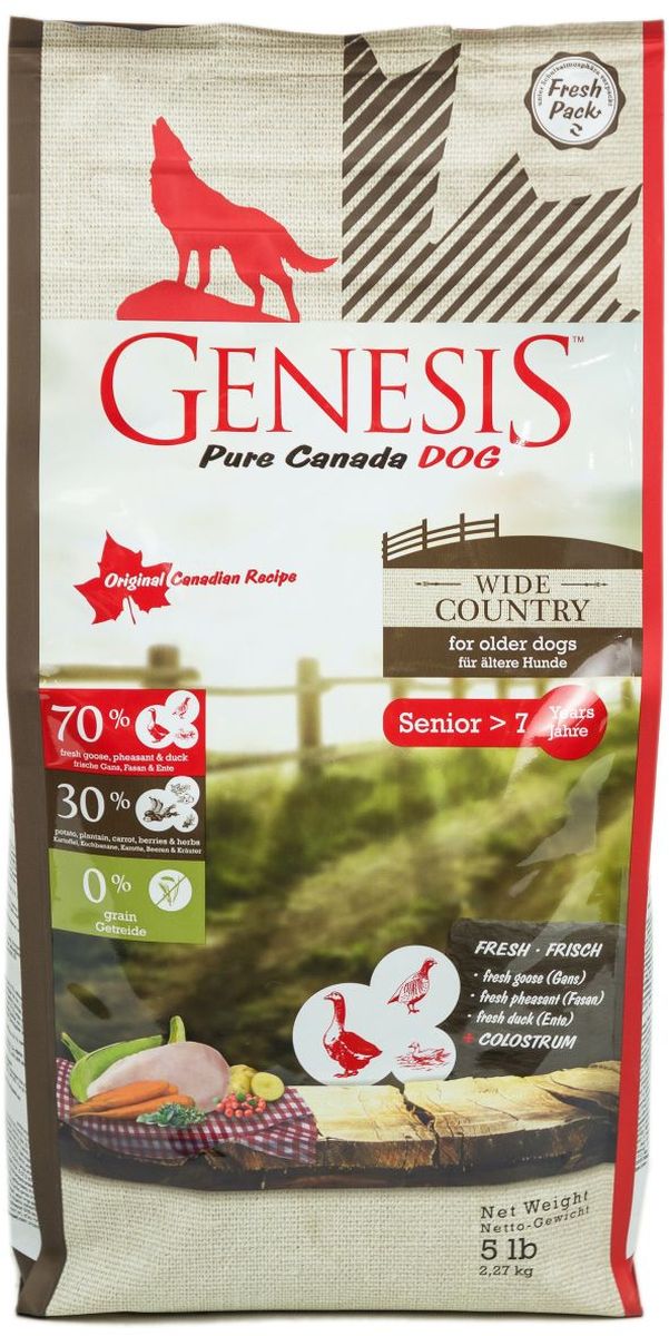 Корм сухой Genesis Pure Canada Wide Country Senior для пожилых собак, с мясом гуся, фазана, утки и курицы, 2,27 кг0120710 Корм сухой Genesis Pure Canada Wide Country Senior для пожилых собак, с мясом гуся, фазана, утки и курицы, 2,27 кг0120710Полнорационный беззерновой сухой корм класса холистик для пожилых собак всех пород с мясом гуся, фазана, утки и курицы.Ингредиенты: Свежая курица (мин. 54,5 %), свежее мясо гуся (мин. 6 %), свежее мясо утки (мин. 6 %), порошок целлюлозы, картофельная мука (мин. 4,5 %), горох (сушёный), картофельный крахмал (мин. 3,5 %), свежее мясо фазана (мин. 2 %), морковь (сушёная, мин. 2 %), кормовые бананы (плантан) (сушёные, мин. 2 %), нут (сушёный), чечевица (сушеная), гидролизованный протеин, семена подорожника, молозиво (мин. 0,3 %), клюква (сушёная), черника (сушёная, мин. 0,1 %), экстракт зеленой мидии (сушёные, мин 0,1 %), дикая крапива (сушёная), листья ежевики (сушёные, мин. 0,02 %), тысячелистник (сушёный, мин. 0,02 %), фенхель (сушёный), тмин (сушёный), цветки ромашки (сушёные), омела (сушёная), корень горечавки (сушёный), золототысячник обыкновенный (сушёный), порошок из цикория.