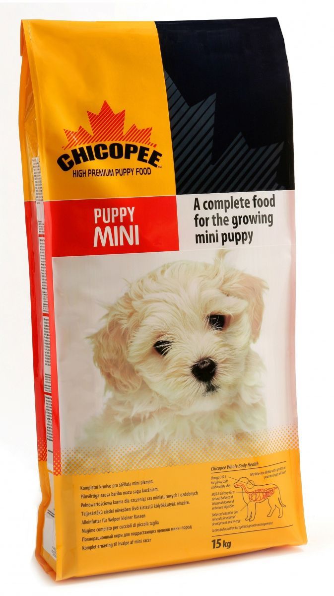 Корм сухой Chicopee Puppy Mini для щенков миниатюрных пород, 15 кг0120710 Корм сухой Chicopee Puppy Mini для щенков миниатюрных пород, 15 кг0120710Основой питания собаки на протяжении первого года жизни должен быть комплекс питательных веществ, обеспечивающих нормальное функционирование растущего организма. Учитывая эту особенность, компания Chicopee разработала корм, предназначенный для щенков всех пород, независимо от их размера и уровня активности.Поскольку белок — это главный строительный элемент для организма собаки, развития ее костей, сильной мускулатуры, а также роста шерсти и когтей, то главной особенностью данного корма является именно высокое содержание белка в составе муки из мяса домашней птицы, рыбной муки и белкового гидролизата.Особенности состава Chicopee для щенков всех пород:Витамины группы В, жирные кислоты Омега-3 и Омега-6 способствуют развитию здоровой нервной системы, которая впоследствии отвечает за адекватное поведение собаки, ее способность к обучению и запоминанию, отсутствие агрессии и стремление к коммуникации с сородичами и людьми;Значительное содержание углеводов в составе злаков обеспечивают молодое животное достаточной энергией на протяжении всего дня;Рыбий жир способствует формированию кожного и шерстного покрова животного, делая каждый его волос сильным, крепким и блестящим;Кальций, калий и фосфор обеспечивают формирование костей, суставов, хрящей, а также рост зубов и когтей.Ингредиенты: мука из мяса домашней птицы, кукуруза, жир домашней птицы, pис, пшеничная мука, пульпа сахарной свеклы, пшеница, дробленая пшеница, гидролизат белка, сушеные пивные дрожжи, xлористый калий, соль поваренная, порошок корня цикория (инулин 0,10%), экстракт дрожжей (МОS 0,10%).Добавки на 1 кг: витамин A 18,000 ME, витамин D3 1,450 ME, витамин E 180 мг, медь (сульфат меди, пентагидрат) 11 мг, цинк (оксид цинка) 110 мг, цинк (хелат цинка из гидрата аминокислот) 55 мг, йод (йодат кальция безводный) 3,5 мг, селен (селенид натрия) 0,2 мг.