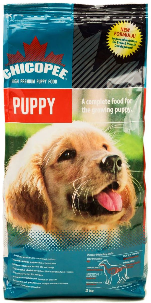 Корм сухой Chicopee Puppy Dog Food для щенков, с птицей, 2 кг0120710 Корм сухой Chicopee Puppy Dog Food для щенков, с птицей, 2 кг0120710Основой питания собаки на протяжении первого года жизни должен быть комплекс питательных веществ, обеспечивающих нормальное функционирование растущего организма. Учитывая эту особенность, компания Chicopee разработала корм, предназначенный для щенков всех пород, независимо от их размера и уровня активности.Поскольку белок — это главный строительный элемент для организма собаки, развития ее костей, сильной мускулатуры, а также роста шерсти и когтей, то главной особенностью данного корма является именно высокое содержание белка в составе муки из мяса домашней птицы, рыбной муки и белкового гидролизата.Особенности состава Chicopee для щенков всех пород:Витамины группы В, жирные кислоты Омега-3 и Омега-6 способствуют развитию здоровой нервной системы, которая впоследствии отвечает за адекватное поведение собаки, ее способность к обучению и запоминанию, отсутствие агрессии и стремление к коммуникации с сородичами и людьми;Значительное содержание углеводов в составе злаков обеспечивают молодое животное достаточной энергией на протяжении всего дня;Рыбий жир способствует формированию кожного и шерстного покрова животного, делая каждый его волос сильным, крепким и блестящим;Кальций, калий и фосфор обеспечивают формирование костей, суставов, хрящей, а также рост зубов и когтей.Ингредиенты:мука из мяса домашней птицы, кукуруза, жир домашней птицы, pыбная мука, свекловичный жом, pис, пшеничная мука, дробленая пшеница, гидролизат белка, яичный порошок, cемя льна, сухие дрожжи, pыбий жир, xлористый калий, поваренная соль, корень цикория (инулин 0.10%), дрожжевой экстракт (МОS 0.10%).Добавки на 1 кг:Витамин A 18,000 ME, Витамин D3 1,450 ME, Витамин E 180 мг, Медь (сульфат меди, пентагидрат) 11 мг, Цинк (оксид цинка) 110 мг, Цинк (хелат цинка из гидрата аминокислот) 55 мг, Йод (йодат кальция обезвоженный) 3.5 мг, Селен (селенид натрия) 0.2 мг.