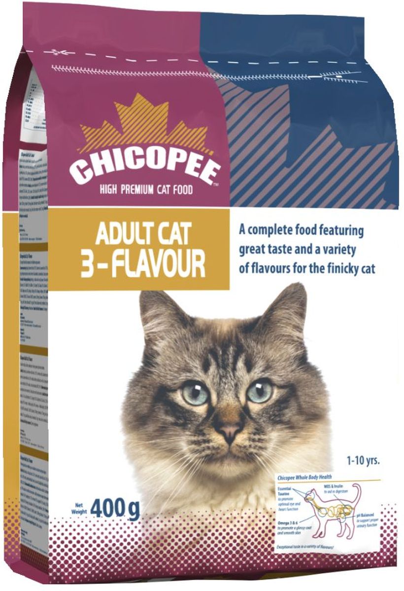Корм сухой Chicopee 3-Flavour для привередливых кошек, с рыбой, свининой и птицей, 400 г101246 Корм сухой Chicopee 3-Flavour для привередливых кошек, с рыбой, свининой и птицей, 400 г101246Многим животным надоедает один и тот же корм каждый день. Именно для таких привередливых кошек в линейке Chicopee появился прекрасный рацион, среди ингредиентов которого присутствует сразу три вида мяса: рыбы, свинины и курицы.В составе корма присутствует необходимое количество:- белков для развития организма и поддержания хорошей физической формы животного;- углеводов для активности питомца, без набора лишнего веса;- витаминов: А, D3,E и жирных кислот для хорошего состояния шерсти, крепости костей, когтей и внутренних органов.Корм подходит для кошек разного возраста и образа жизни, ведь в его состав входит важнейшая для этого вида животных аминокислота — таурин. Она необходима для переваривания жиров в тонком кишечнике, здоровья глаз, хорошей работы сердца, способности к размножению и вынашиванию, целостности нервной системы, свертываемости крови и еще многих важнейших функций кошачьего организма.Кроме того, в составе корма Chicopee с курицей, свининой и рыбой присутствует большое количество инулина и маннаноолигосахаридов, которые обеспечивают хороший обмен веществ и работу пищеварительной системы взрослых кошек. Продукт является также прекрасным источником фосфора и магния — минералов, которые необходимы для поддержания правильной работы мочеполовой системы.Ингредиенты: кукуруза, мука из мяса домашней птицы (мин. 20.1%), пшеничная мука, cвиная мука (мин. 7.0%), животный жир, кукурузный глютен, pыбная мука (мин. 3.0%), ячмень, гидролизат белка, пшеница, мука из потрохов, xлористый калий, поваренная соль, порошок корня цикория (инулин 0.10%), экстракт дрожжей (МОS 0.10%).Добавки на 1 кг:Витамин A 18,000 ME, Витамин D3 1,800 ME, Таурин 1,500 мг, Витамин E 150 мг, Медь (сульфат меди, пентагидрат) 12 мг, Цинк (оксид цинка) 75 мг, Йод (йодат кальция обезвоженный) 2 мг, Селен (селенид натрия) 0.2 мг.