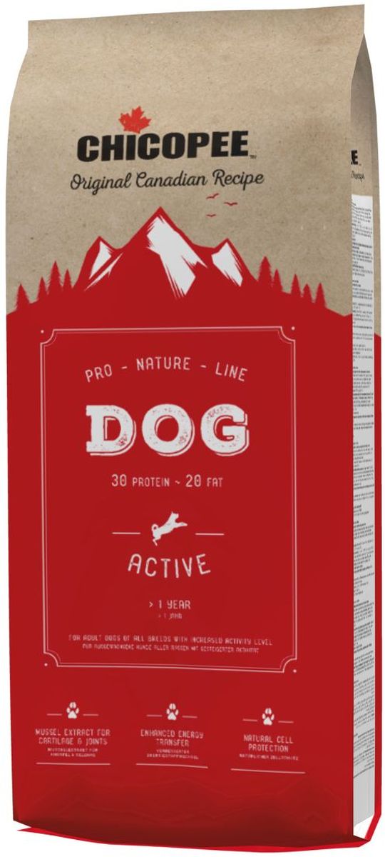 Корм сухой Chicopee Pro Nature для взрослых повышенно активных собак, 20 кг5860320 Корм сухой Chicopee Pro Nature для взрослых повышенно активных собак, 20 кг5860320Корм сухой Chicopee Pro Nature - полноценное питание для взрослых повышенно активных собак.Основные преимущества: - Естественная защита клеток организма. Важные природные антиоксиданты, такие как витамин Е, и особые микроэлементы, такие как селен, защищают клетки организма и блокируют действие свободных радикалов, защищая содержимое клетки от разрушения. Это не только улучшает функционирование тканей и органов, но и является отличнейшей профилактикой старения организма. - Оптимальный уровень энергии. Повышенное содержание легкоусвояемых белков и высококачественных жиров обеспечивают оптимальное развитие щенка. - Сбалансированный источник питательных веществ. Сбалансированный состав кормов обеспечивает оптимальный запас в них питательных веществ, что позволяет снизить количество дневной нормы кормления и уменьшить нагрузку на желудочно-кишечный тракт. - Гигиена полости рта. Размер и структура гранул рационов стимулируют их тщательное пережевывание. Это позволяет в процессе приема пищи удалять налет с зубов и десен животного. - Усиленный энергообмен. Повышенное содержание жира обеспечивает оптимальное количество энергии в концентрированной и легкоусвояемой форме, что особенно важно для собак с особыми потребностями. - Оптимальные источники белка. Высокое качество и хорошая усвояемость белков (например, мясо домашней птицы) обеспечивают организм аминокислотами, которые необходимы для правильного мышечного развития. - Потрясающий блеск шерсти. Наличие в рационах высококачественных белков и экстракта пивных дрожжей обеспечивают блеск шерсти и здоровье кожи.Ингредиенты: мясная мука с протеином из мяса домашней птицы (дегидрированный), пшеница, животный жир, кукуруза, просеянные пшеничные отруби, ячмень, рис, свекольная пульпа (без сахара), рыбная мука, дрожжи (сушеные), горох (сушеный), гидролизованный протеин, поваренная соль, хлорид калия.Анализ компонентов: протеин 30%, содержание жира 20%, клетчатка 2,30%, минеральные вещества 6,70%,фосфор 1%, кальций 1,45 %.Добавки на кг: витамин А 15 мг, витамин Д3 1,2 мг, витамин Е 150 мг.Микроэлементы на кг: цинк (оксид цинка) 90 мг, медь (в форме сульфата меди, пентагидрат) 10 мг, йод (в форме йодида кальция, безводный) 2 мг, селен (в форме селенита натрия) 0,2 мг.Товар сертифицирован.