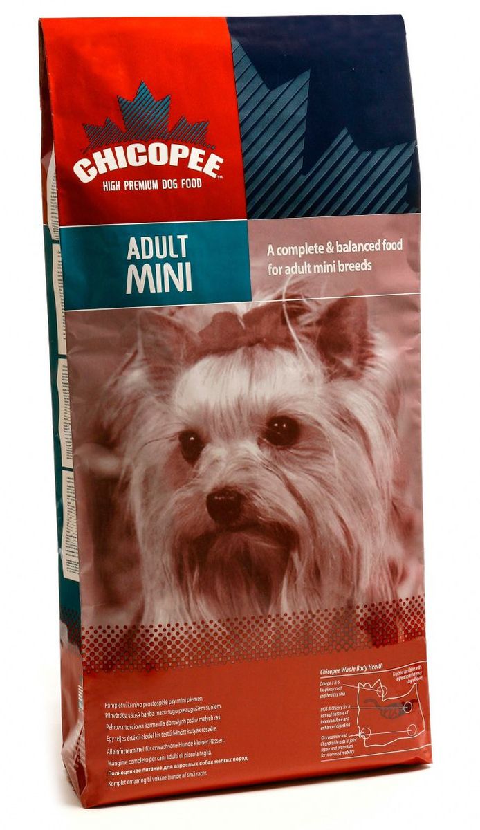 Корм сухой Chicopee Mini Breed Food для собак миниатюрных пород, с курицей, 7,5 кг0120710 Корм сухой Chicopee Mini Breed Food для собак миниатюрных пород, с курицей, 7,5 кг0120710Данный корм Chicopee разработан специально для представителей мелких пород собак. При его создании ветеринарные диетологи учитывали следующие особенности физиологических данных миниатюрных питомцев и влияние окружающей среды на их организм:Миниатюрные собаки нуждаются в большом количестве белка, у них ускоренный обмен веществ, поэтому и есть они хотят намного чаще более крупных своих сородичей. При этом такие собаки подвержены ожирению, что требует особого рациона. В корме Chicopee высокое содержание белка, поэтому после приема пищи питомец долгое время не будет испытывать голода. А низкое содержание углеводов позволяет контролировать его вес.Кости и суставы собак мелких пород очень хрупкие, и даже прыжок с дивана обычной высоты может стать причиной перелома. В корме Chicopee для миниатюрных собак содержится значительное количество хондроитина и глюкозамина, которые обеспечивают прочность костей такой собаки, хорошую подвижность суставов, эластичность хрящей и выработку соединительной и хрящевой тканей.Миниатюрные собаки болеют чаще остальных, ведь у них слабый иммунитет. А у многих представителей таких пород нет подшерстка, что делает холодное время года — очень опасным периодом для них. В данном корме Чикопи продумано и это, значительное содержание цинка, селена и витамина Е укрепляют иммунную систему таких животных, делая их более выносливыми и здоровыми.Важнейшей особенностью таких животных является их экстерьер. Красота и блеск шерсти, яркость расцветки, чистота глаз, хорошее состояние когтей — все это очень важно для хозяев таких собак. В рационе Chicopee для собак миниатюрных пород содержится значительное количество витамина Е, кальция, жирных кислот Омега-3 и Омега-6, что обеспечивает красоту и долголетие таких собак.Ингредиенты:мука из мяса домашней птицы, кукуруза, жир домашней птицы, pис, пшеница, свекловичный жом, дробленая пшеница, гидролизат белка, сухие дрожжи, xлористый калий, pыбий жир, поваренная соль, корень цикория (инулин 0.10%), дрожжевой экстракт (МОS 0.10%), глюкозамина гидрохлорид (мин. 0.003%), хондроитина сульфат (мин. 0.003%).Добавки на 1 кг:Витамин A 15,000 ME, Витамин D3 1,200 ME, Витамин E 150 мг, Медь (сульфат меди, пентагидрат) 10 мг, Цинк (оксид цинка) 90 мг, Цинк (хелат цинка из гидрата аминокислот) 45 мг, Йод (йодат кальция обезвоженный) 3 мг, Селен (селенид натрия) 0.2 мг.