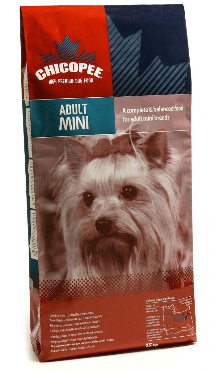 Корм сухой Chicopee Mini Breed Food для собак миниатюрных пород, с курицей, 15 кг0120710 Корм сухой Chicopee Mini Breed Food для собак миниатюрных пород, с курицей, 15 кг0120710Данный корм Chicopee разработан специально для представителей мелких пород собак. При его создании ветеринарные диетологи учитывали следующие особенности физиологических данных миниатюрных питомцев и влияние окружающей среды на их организм:Миниатюрные собаки нуждаются в большом количестве белка, у них ускоренный обмен веществ, поэтому и есть они хотят намного чаще более крупных своих сородичей. При этом такие собаки подвержены ожирению, что требует особого рациона. В корме Chicopee высокое содержание белка, поэтому после приема пищи питомец долгое время не будет испытывать голода. А низкое содержание углеводов позволяет контролировать его вес.Кости и суставы собак мелких пород очень хрупкие, и даже прыжок с дивана обычной высоты может стать причиной перелома. В корме Chicopee для миниатюрных собак содержится значительное количество хондроитина и глюкозамина, которые обеспечивают прочность костей такой собаки, хорошую подвижность суставов, эластичность хрящей и выработку соединительной и хрящевой тканей.Миниатюрные собаки болеют чаще остальных, ведь у них слабый иммунитет. А у многих представителей таких пород нет подшерстка, что делает холодное время года — очень опасным периодом для них. В данном корме Чикопи продумано и это, значительное содержание цинка, селена и витамина Е укрепляют иммунную систему таких животных, делая их более выносливыми и здоровыми.Важнейшей особенностью таких животных является их экстерьер. Красота и блеск шерсти, яркость расцветки, чистота глаз, хорошее состояние когтей — все это очень важно для хозяев таких собак. В рационе Chicopee для собак миниатюрных пород содержится значительное количество витамина Е, кальция, жирных кислот Омега-3 и Омега-6, что обеспечивает красоту и долголетие таких собак.Ингредиенты:мука из мяса домашней птицы, кукуруза, жир домашней птицы, pис, пшеница, свекловичный жом, дробленая пшеница, гидролизат белка, сухие дрожжи, xлористый калий, pыбий жир, поваренная соль, корень цикория (инулин 0.10%), дрожжевой экстракт (МОS 0.10%), глюкозамина гидрохлорид (мин. 0.003%), хондроитина сульфат (мин. 0.003%).Добавки на 1 кг:Витамин A 15,000 ME, Витамин D3 1,200 ME, Витамин E 150 мг, Медь (сульфат меди, пентагидрат) 10 мг, Цинк (оксид цинка) 90 мг, Цинк (хелат цинка из гидрата аминокислот) 45 мг, Йод (йодат кальция обезвоженный) 3 мг, Селен (селенид натрия) 0.2 мг.
