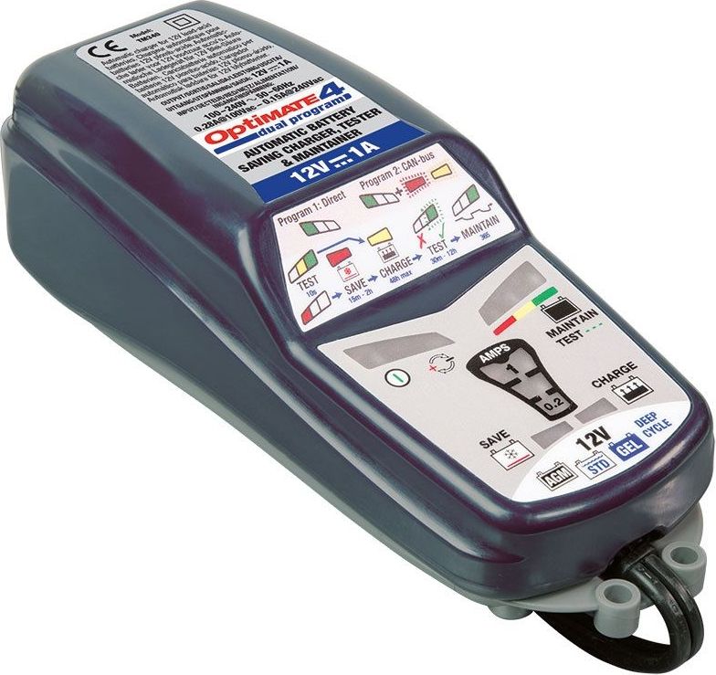 Зарядное устройство OptiMate 4 Dual Program. TM340TM340 Зарядное устройство OptiMate 4 Dual Program. TM340TM340Зарядное устройство OptiMate 4 Dual Program представляет собой надежное оборудование, которое предназначается для обслуживания аккумуляторных батарей в автоматическом режиме. Влагозащищенный коннектор, который входит в комплект поставки, обеспечивает удобство работы в труднодоступных местах. Специальные ушки на корпусе позволяют повесить модель в любом удобном месте. Прочный корпус исключает вероятность повреждения внутренних элементов при случайных механических воздействиях.Комплектация: зарядное устройство, зажимы типа крокодил О4, кольцевой разъем постоянного подключения О1, инструкция. Для аккумуляторов напряжением: 12 В.Напряжение питания: 220 В.Максимальный ток зарядки: 1 А.Тип зарядки автоматическая зарядка: WET, EFB,AGM, GEL.Режим Boost: есть.Минимальный ток заряда: 0,2 А.Режим десульфатизации: есть.