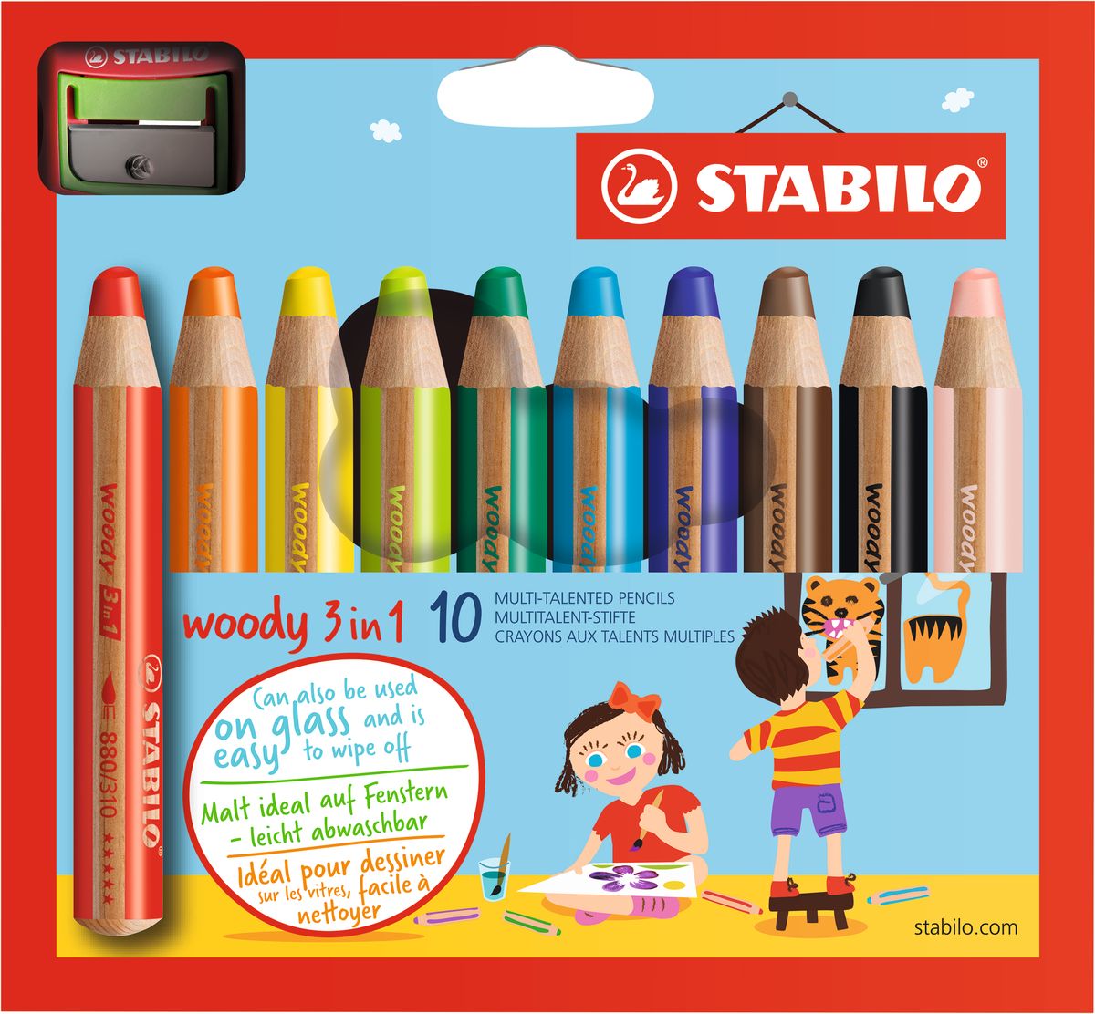 Stabilo Набор цветных карандашей Woody 3in1 10 цветов + точилка0775B001 Stabilo Набор цветных карандашей Woody 3in1 10 цветов + точилка0775B001Супертолстый цветной карандаш, акварель и восковой мелок в одном. Это уникальные карандаши, сочетающие в себе возможности цветных карандашей, акварельных красок и восковых мелков. Пишут практически на всех гладких поверхностях, сключая сткло! Обеспечивают великолепный результат на темной бумаге благодаря исключительной яркости и интенсивности цвета. Великолепные акварельные качества. Очень прочный грифель диаметром 10 см для мягких штрихов. Цвет корпуса карандаша соответсвует цвету грифеля. Набор из 10 карандашей ПЛЮС точилка для толстых карандашей.