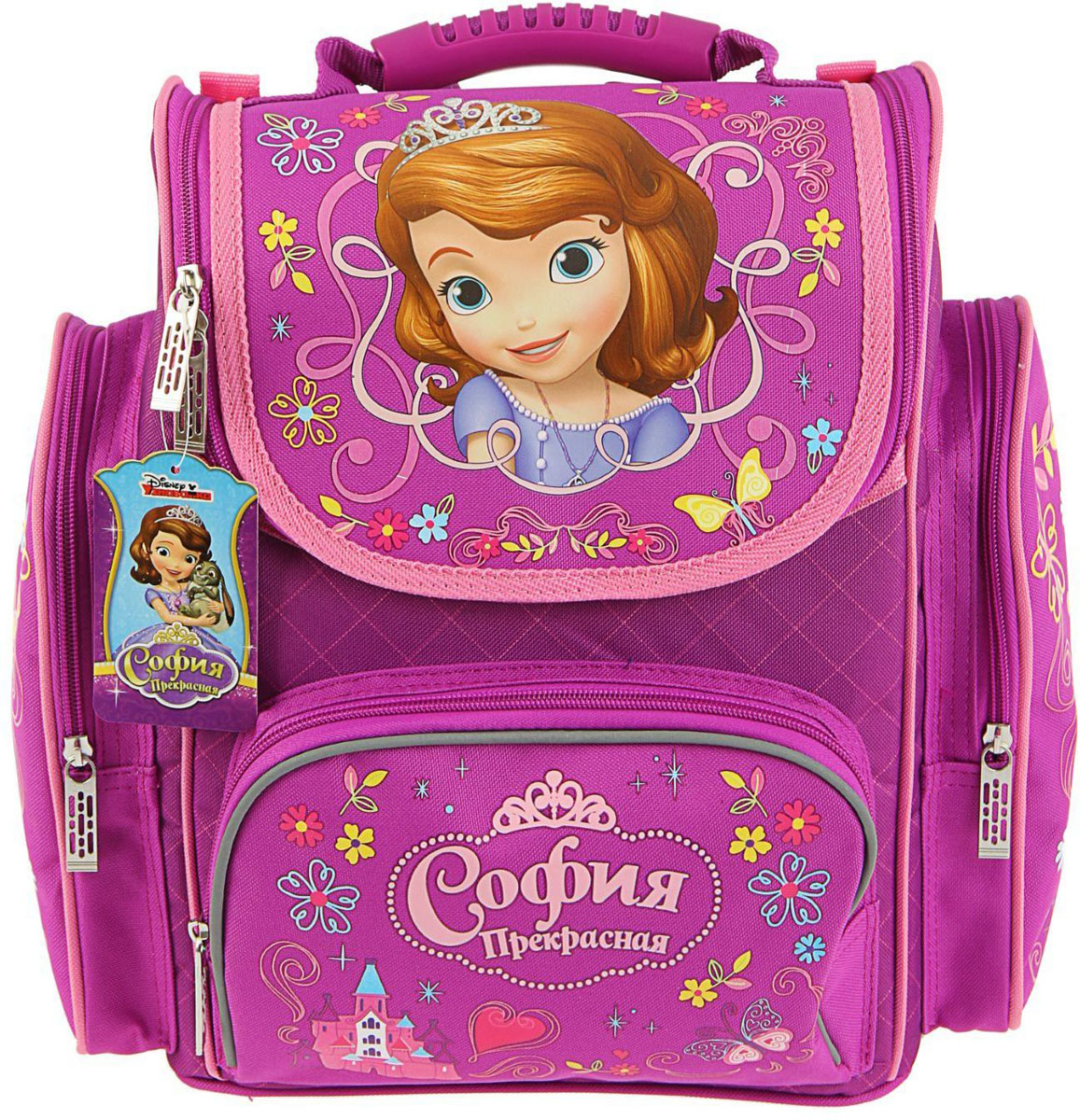 Disney Ранец школьный София цвет золотой розовый72523WD Disney Ранец школьный София цвет золотой розовый72523WDРанец, или портфель, — это жёсткая ученическая сумка, которая является традиционным атрибутом школьного «снаряжения».Характеристики идеального современного ранца для школьника выглядят так:жёсткие корпус и спинка;регулируемые широкие мягкие лямки;наличие светоотражателей;масса — 600?800 г;мягкие подушечки на спинке и сетчатая, «дышащая» задняя сторона.Ранец Стандарт Disney София 31*29*15, для девочки, фиолетовый — это очень практичное и качественное текстильное изделие, которое отвечает всем перечисленным требованиям.Жёсткий корпус защитит ребёнка и содержимое: он не позволит книгам и учебникам «втыкаться» в спину и сбережёт ранец, если ученик его уронит. А смягчающие элементы (поролон и сетка) сделают процесс ношения этого изделия комфортным.