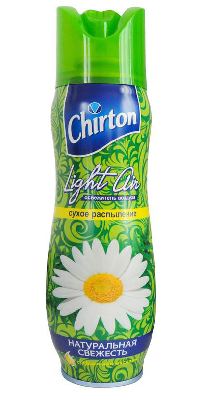 Освежитель воздуха Chirton Light Air, натуральная свежесть, 300 мл68/5/3 Освежитель воздуха Chirton Light Air, натуральная свежесть, 300 мл68/5/3В освежителе воздуха Chirton Light Air используется новая формула - сухое распыление. Благодаря ей аромат становится более стойким, не остаются брызги и пятна на полу и мебели, которые могут возникнуть при использовании обычных аэрозолей. Освежитель воздуха Chirton Light Air помогает быстро избавиться от неприятных запахов.Товар сертифицирован.Уважаемые клиенты!Обращаем ваше внимание на возможные изменения в дизайне упаковки. Качественные характеристики товара остаются неизменными. Поставка осуществляется в зависимости от наличия на складе.