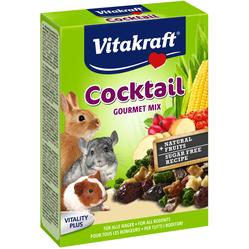 Лакомство для грызунов Vitakraft Cocktail Gourmet Mix, 50 г0120710 Лакомство для грызунов Vitakraft Cocktail Gourmet Mix, 50 г0120710Лакомство Vitakraft Cocktail Gourmet Mix из высушенных ягод и овощей предназначено для всех видов грызунов. Коктейль с шиповником, рябиной, овощами. Вкусная и полезная витаминная смесь. Состав: плоды шиповника 40%, плоды рожкового дерева 30%, рябина 4%, овощи 13%, злаки (11,7% кукуруза), продукты растительного происхождения. Товар сертифицирован.