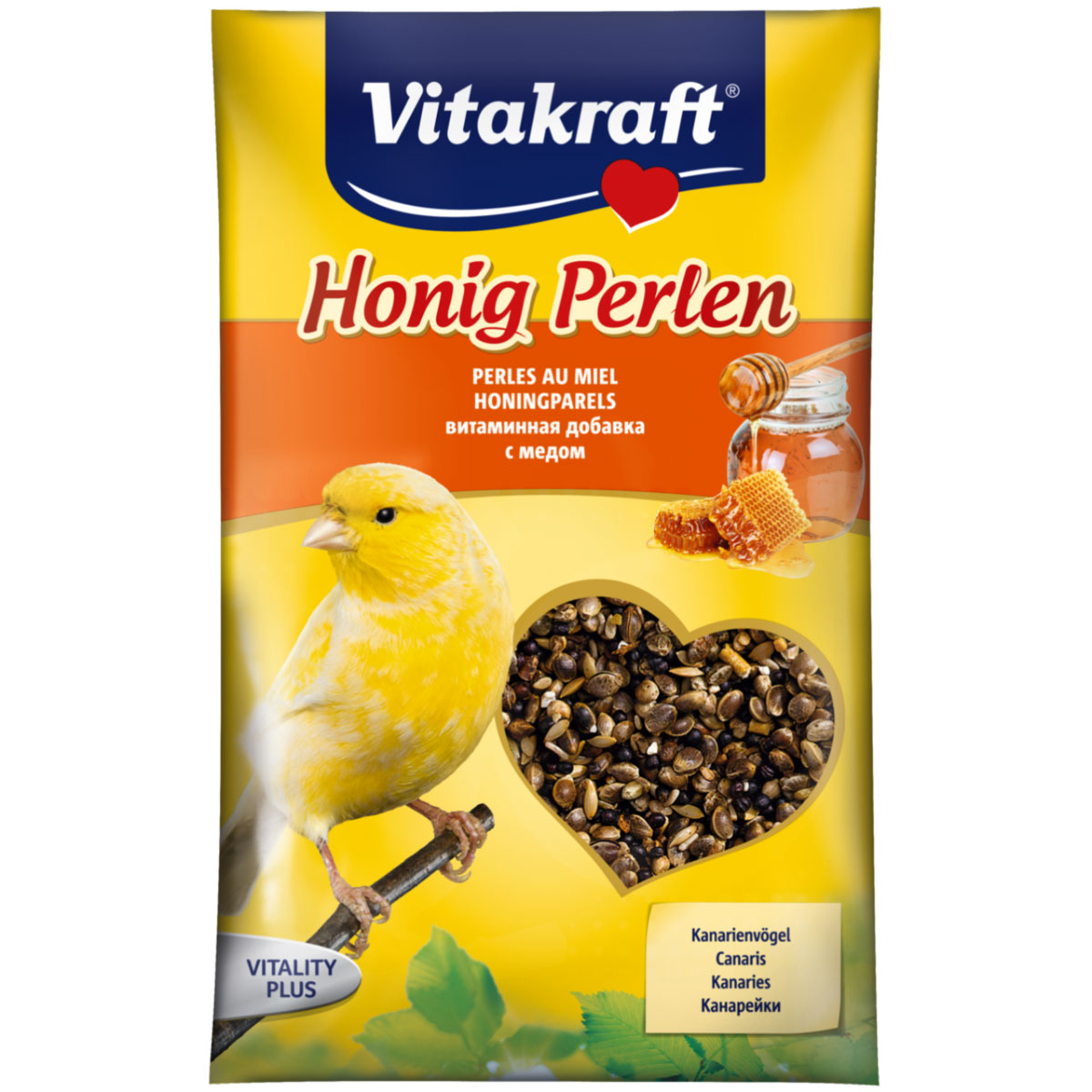 Подкормка для канареек Vitakraft, медовая, 20 г95939-55 Подкормка для канареек Vitakraft, медовая, 20 г95939-55Подкормка для канареек Vitakraft - ценная добавка к ежедневному рациону канареек, используемая на протяжении десятилетий и ставшая излюбленным лакомством пернатых. Смесь из семян конопли, канареечника и чистого пчелиного меда дополнительно обогащена необходимыми для полноценного развития витаминами и минералами. Состав: семена (семена конопли 63%, семена канареечника 10%), минеральные вещества (карбонат кальция 4%), мед 1%. Товар сертифицирован.