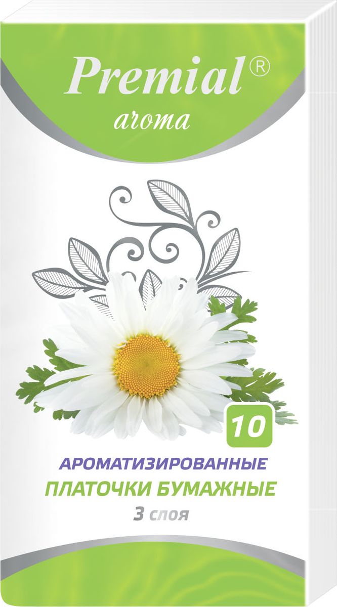 Premial Платочки бумажные с ароматом ромашки 1 блок, 10 шт0910-4309 Premial Платочки бумажные с ароматом ромашки 1 блок, 10 шт0910-4309Нежные и мягкие носовые платочки из 100% целлюлозы выручат Вас в любой ситуации. Это беспроигрышный вариант в непредсказуемых ситуациях: для вытирания рук, снятия макияжа, во время насморка, гриппа, простуды, аллергии и во многих других случаях.