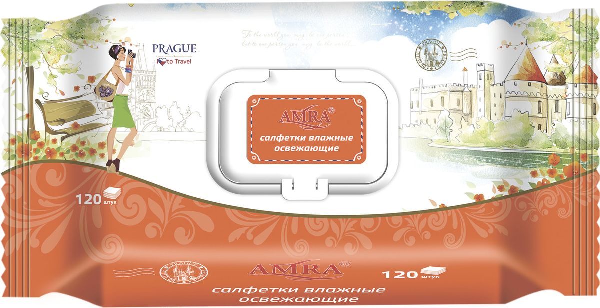 Amra travel Салфетки влажные освежающие, Prague, 120 штMP59.4D Amra travel Салфетки влажные освежающие, Prague, 120 штMP59.4DСалфетки влажные AMRA travel – это универсальное средство гигиены во время путешествий: освежают, очищают и увлажняют кожу. Дизайн серии салфеток AMRA travel выполнен в акварельной стилистике, передающей легкость и романтику различных городов Европы. Элегантные и изящные девушки в стиле fashion-girl дополняют европейский пейзаж, создают воздушный образ и необходимое настроение.