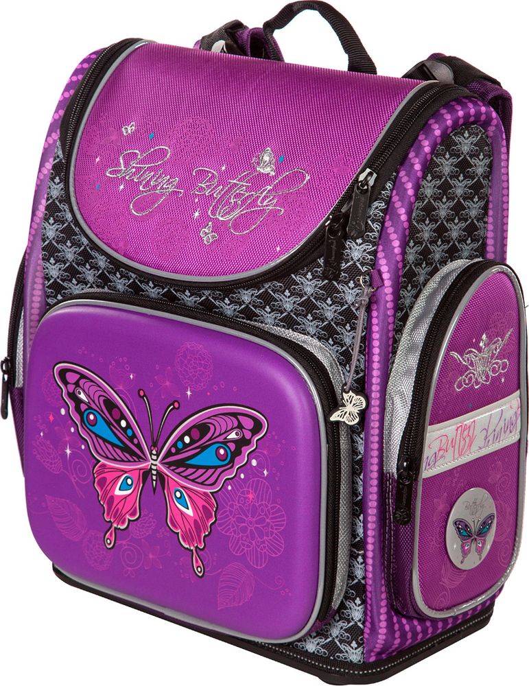 Hummingbird Ранец для девочки Spining Butterfly цвет фиолетовый72523WD Hummingbird Ранец для девочки Spining Butterfly цвет фиолетовый72523WDОсобенности конструкции ранца:- рельефная ортопедическая спинка с каналами для циркуляции воздуха и сетчатой мембраной ( дышащая система повторяющая контуры спины).- система регулировки лямок по высоте крепления «ERGO system» (Позволяет самостоятельно выбирать наиболее комфортное расположение ранца на спине ребенка).- ранец оснащен поясной поддержкой для удобной и правильной фиксации- эргономичная обтекаемая форма- ткань ранца обладает водоотталкивающими свойствами, повышенной износостойкостью, легко моется и чистится.- ранец имеет одно большое основное отделение на молнии (куда легко помещается папка для труда). Внутри основного отделения расположены перемычки для комфортного размещения тетрадей и учебников. Так же ранец имеет три удобных кармана, два боковых для мелких предметов и один передний. В переднем кармане расположен многофункциональный органайзер. Он включает в себя карман для мобильного телефона, сетчатый карман для мелочей, отделения для ручек и карандашей, подвеску для ключей.- дно ранца оригинальной конструкции, сделано из специального высокопрочного пластика с логотипом «Hummingbird». Оно устойчиво на горизонтальной поверхности, защищает ранец от загрязнений, легко протирается влажной тряпкой.- на лямках, боковых поверхностях и крышке ранца расположены светоотражающие элементы.-в комплект ранца входит удобный мешок для обуви со специальной сеткой для проветриванияРазмер:высота: 36,5 cм.; ширина: 32 cм.; глубина: 17,5 cм.;