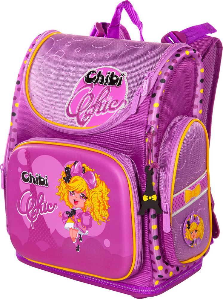 Hummingbird Ранец для девочки Chibi Chic Девочка цвет сиреневый72523WD Hummingbird Ранец для девочки Chibi Chic Девочка цвет сиреневый72523WDОсобенности конструкции ранца:- рельефная ортопедическая спинка с каналами для циркуляции воздуха и сетчатой мембраной ( дышащая система повторяющая контуры спины).- система регулировки лямок по высоте крепления «ERGO system» (Позволяет самостоятельно выбирать наиболее комфортное расположение ранца на спине ребенка).- ранец оснащен поясной поддержкой для удобной и правильной фиксации- эргономичная обтекаемая форма- ткань ранца обладает водоотталкивающими свойствами, повышенной износостойкостью, легко моется и чистится.- ранец имеет одно большое основное отделение на молнии (куда легко помещается папка для труда). Внутри основного отделения расположены перемычки для комфортного размещения тетрадей и учебников. Так же ранец имеет три удобных кармана, два боковых для мелких предметов и один передний. В переднем кармане расположен многофункциональный органайзер. Он включает в себя карман для мобильного телефона, сетчатый карман для мелочей, отделения для ручек и карандашей, подвеску для ключей.- дно ранца оригинальной конструкции, сделано из специального высокопрочного пластика с логотипом «Hummingbird». Оно устойчиво на горизонтальной поверхности, защищает ранец от загрязнений, легко протирается влажной тряпкой.- на лямках, боковых поверхностях и крышке ранца расположены светоотражающие элементы.-в комплект ранца входит удобный мешок для обуви со специальной сеткой для проветриванияРазмер:высота: 36,5 cм.; ширина: 32 cм.; глубина: 17,5 cм.;