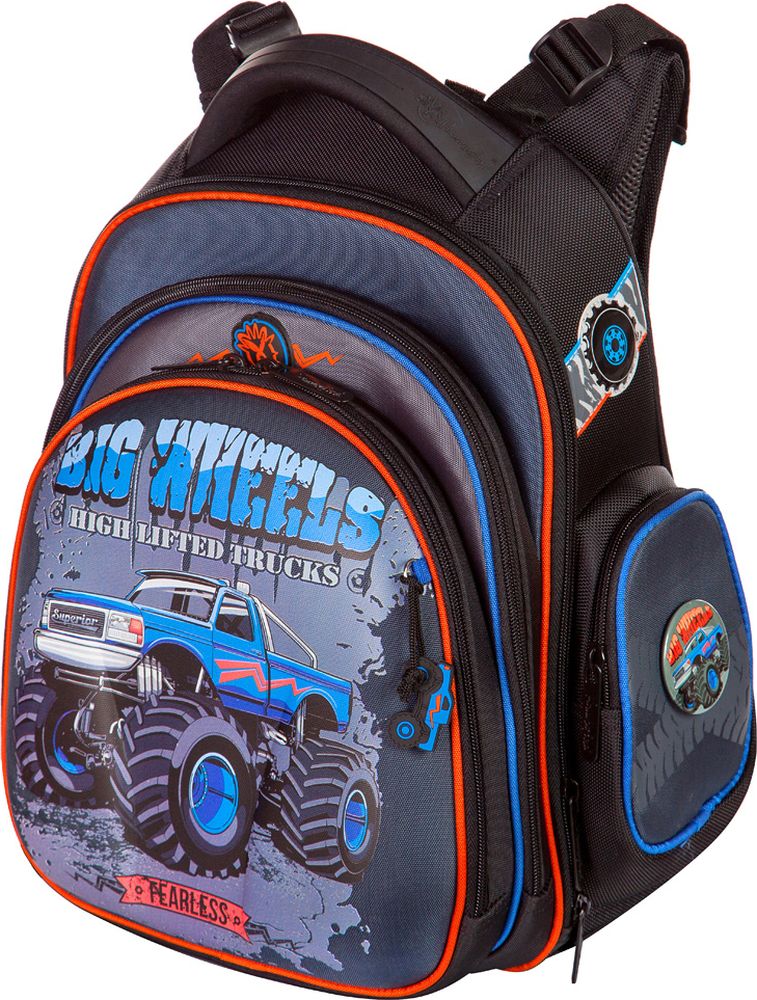Hummingbird Ранец для мальчика Big Wheels цвет черный, серый72523WD Hummingbird Ранец для мальчика Big Wheels цвет черный, серый72523WDОсобенности конструкции ранца – рюкзака:- рельефная ортопедическая спинка с каналами для циркуляции воздуха и сетчатой мембраной ( дышащая система повторяющая контуры спины).- система регулировки лямок по высоте крепления «ERGO system» (Позволяет самостоятельно выбирать наиболее комфортное расположение ранца – рюкзака на спине ребенка).- ранец оснащен поясной поддержкой для удобной и правильной фиксации- эргономичная обтекаемая форма- ткань ранца-рюкзака обладает водоотталкивающими свойствами, повышенной износостойкостью, легко моется и чистится.- два больших отделения на молниях. В основном, самом большом отделении расположены жесткие перемычки- вставки, для комфортного размещения тетрадей или учебников. В переднем отделении предусмотрен органайзер с карманом для мобильного телефона, сетчатым карманом для мелочей, отделениями для ручек и карандашей, подвеской для ключей.- два боковых кармана на молниях для мелких предметов.- сверху ранца – рюкзака расположена удобная ручка с логотипом « Hummingbird».- на лямках и на боковых поверхностях расположены светоотражающие элементы.- в нижней части ранца – рюкзака установлены рельефные пластиковые ножки.-в комплект ранца входит удобный мешок для обуви со специальной сеткой для проветриванияРазмер:высота: 37 cм.; ширина: 32 cм.; глубина: 18 cм.;