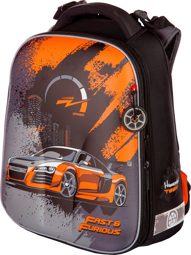 Hummingbird Ранец для мальчика Fast & Furious цвет черный, серый72523WD Hummingbird Ранец для мальчика Fast & Furious цвет черный, серый72523WDОсобенности конструкции ранца – рюкзака:- рельефная ортопедическая спинка с каналами для циркуляции воздуха и сетчатой мембраной ( дышащая система повторяющая контуры спины).- система регулировки лямок по высоте крепления «ERGO system» (Позволяет самостоятельно выбирать наиболее комфортное расположение ранца – рюкзака на спине ребенка).- ранец оснащен поясной поддержкой для удобной и правильной фиксации- эргономичная обтекаемая форма- ткань ранца-рюкзака обладает водоотталкивающими свойствами, повышенной износостойкостью, легко моется и чистится.- два больших отделения на молниях. В основном, самом большом отделении расположены жесткие перемычки- вставки, для комфортного размещения тетрадей или учебников. В переднем отделении предусмотрен органайзер с карманом для мобильного телефона, сетчатым карманом для мелочей, отделениями для ручек и карандашей, подвеской для ключей.- система трансформации (при желании объем ранца можно увеличить с помощью дополнительной молнии.- сверху ранца – рюкзака расположена удобная ручка с логотипом « Hummingbird».- на лямках и на боковых поверхностях расположены светоотражающие элементы.- в нижней части ранца – рюкзака установлены рельефные пластиковые ножки.Размер:высота: 39 cм.; ширина: 28 cм.; глубина: 20 cм.;