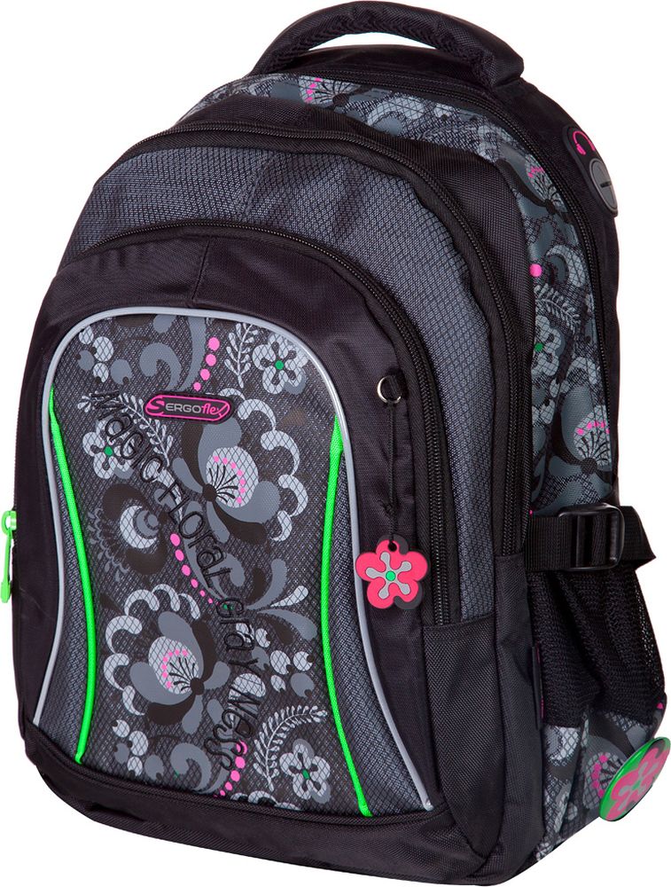 Steiner Ранец для девочки Magic Floral Gray Ness цвет черный, серый72523WD Steiner Ранец для девочки Magic Floral Gray Ness цвет черный, серый72523WDСтильный многофункциональный молодежный рюкзак Steiner Flower для девочекОсобенности: современный стильный дизайн; анатомическая, дышащая спинка; плотные широкие легко регулируемые лямки под рост позволяют равномерно распределять нагрузку на спину; влагоизоляционный материал не даст промокнуть ранцу; уплотненная ручка для переноски в руках; дополнительная ручка-петля для подвешивания рюкзака на крючок; качественные молнии; легко моющийся долговечный материал; два больших отделения на молниях; передний карман на молнии с органайзером для канцелярии; открытые боковые карманы из сетки для бутылок с водой и других мелочей; боковые стяжки для регулировки объема рюкзака и фиксации содержимого; скоба для крепления брелока в передней части рюкзака; отверстие под наушники; светоотражающие элементы обеспечат безопасность в темное время суток.Параметры: Материал: полиэстер Размер: 41*30*18 см Вес: 700 г
