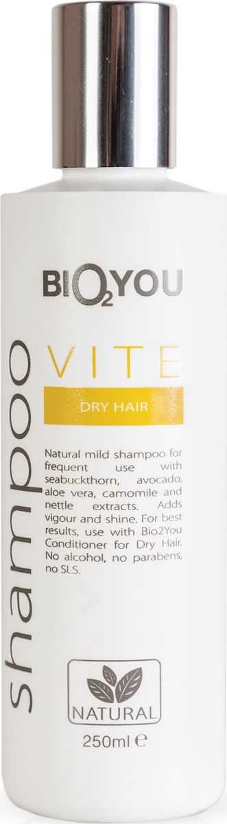 BIO2You, Шампунь Vite для сухих волос, 250961678 BIO2You, Шампунь Vite для сухих волос, 250961678Нежный натуральный шампунь для частого использования с облепихой, авокадо, алоэ вера и экстрактами ромашки и крапивы. Увлажняeт и делаeт волосы шелковистыми, легкими, обеспечивая сияние. Не содержит спирта, парабенов и SLS