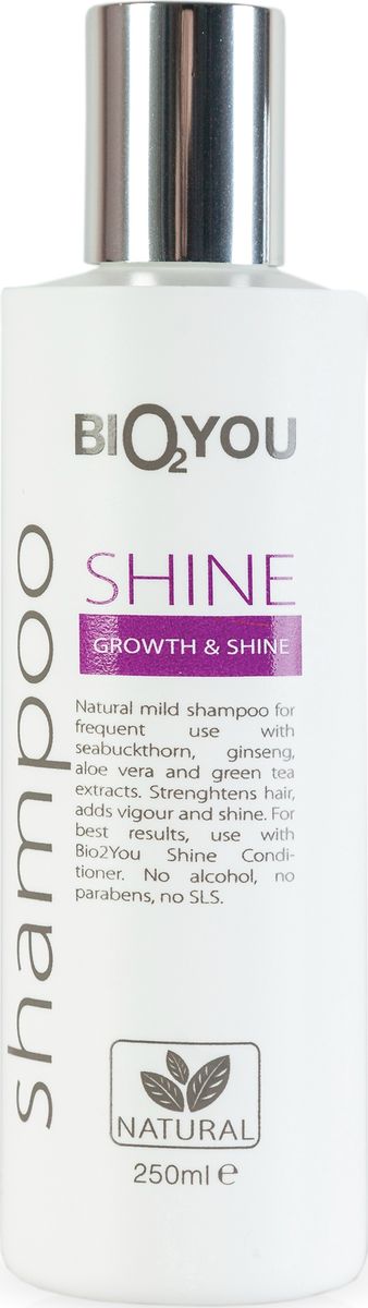 BIO2You Шампунь Shine для блеска и роста волос, 250 мл961685 BIO2You Шампунь Shine для блеска и роста волос, 250 мл961685Нежный натуральный шампунь для частого использования с облепихой, женьшенeм, алоэ вера и экстрактoм зеленого чая. Увлажняeт и делаeт волосы шелковистыми, легкими, обеспечивая сияние. Не содержит спирта, парабенов и SLS.